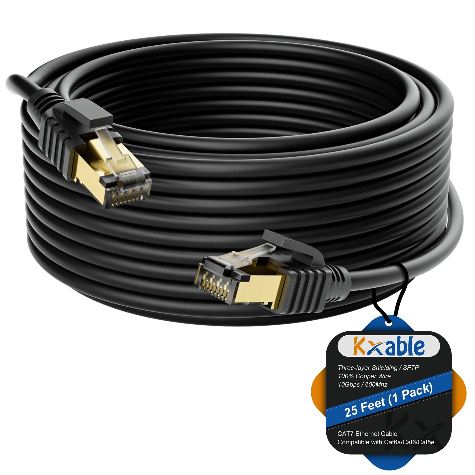 Cat 7 Ethernet Cable 25 Feet, Long High Speed Internet Cord, CAT7 RJ45 LAN Network Cable, Triple Shielding SFTP 10Gbps 600Mhz Patch Cable, Compatible with CAT6A CAT6 CAT5E CAT5 Cable