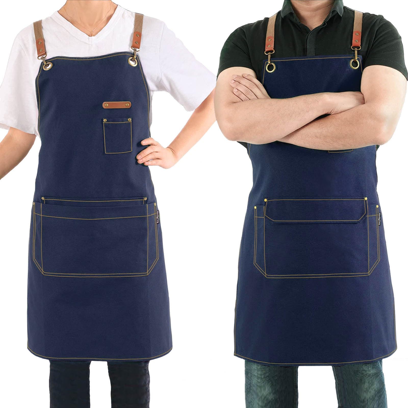 – Canvas Apron with Pockets and Cross-back Straps for Chef Kitchen Cooking BBQ, Barista Bartender Barber Shop and Art Gardening Work Professional Aprons - Navy