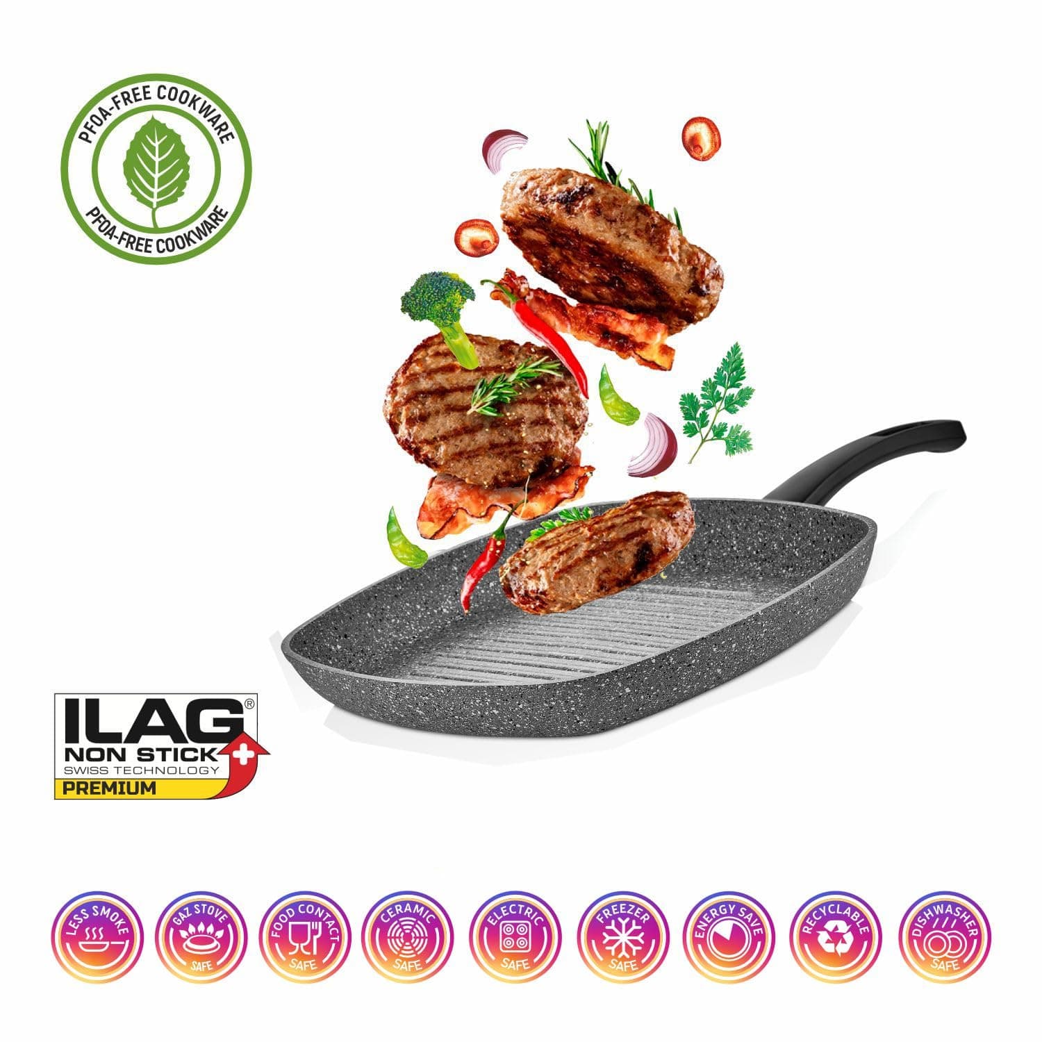 V A V GET Premium Granite 8-PCS Cookware Set, Healthy, Safe, Eco-Friendly, Non-Stick, Durable. Set includes: 26cm Deep and Shallow Casseroles, 18cm Sauce, 26cm Fry and 28cm Grill Pans with Lids.