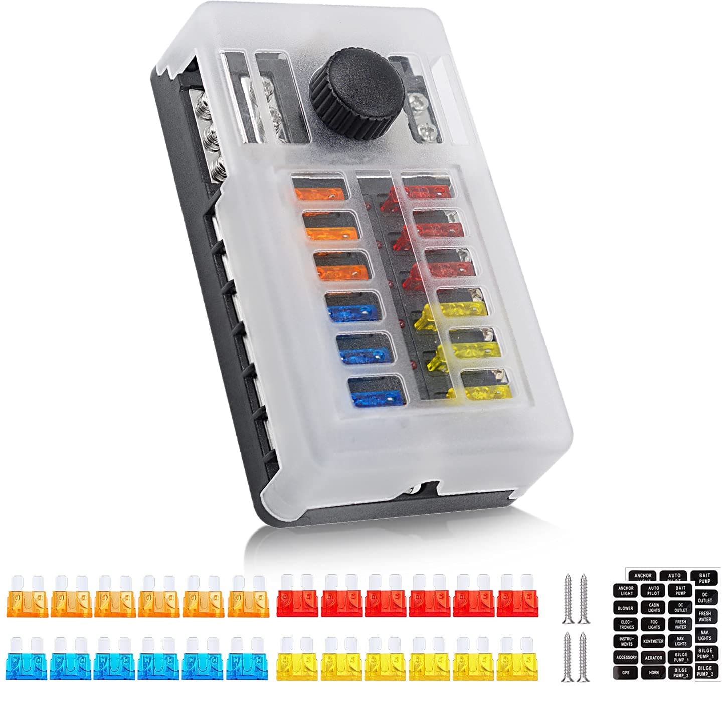 12 Way 12V Fuse Box 12Volt Blade Fuse Block Holder, 12 Circuit W/Negative Bus Waterproof Fuse Box with LED Indicator for 12V/24V Automotive Golf Cart Truck Car Boat Marine RV Van Vehicle