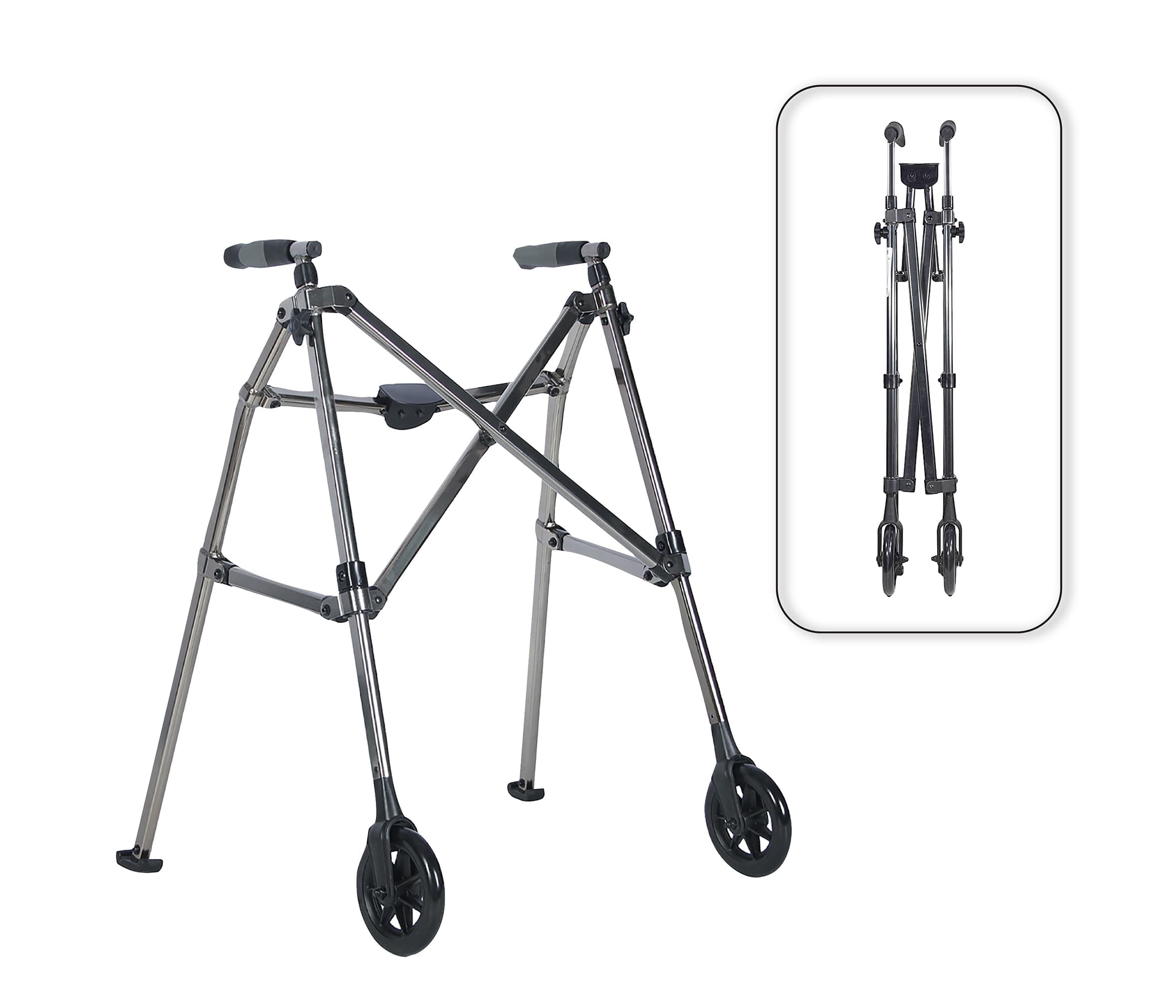 Ultra Lightweight Space Saving Wheeled Walker Walking Frame Rollator withWheels, Fold Down Design, Glide Skids, Height Adjustment for Walking, Standing, Mobility for Elderly and Disabled