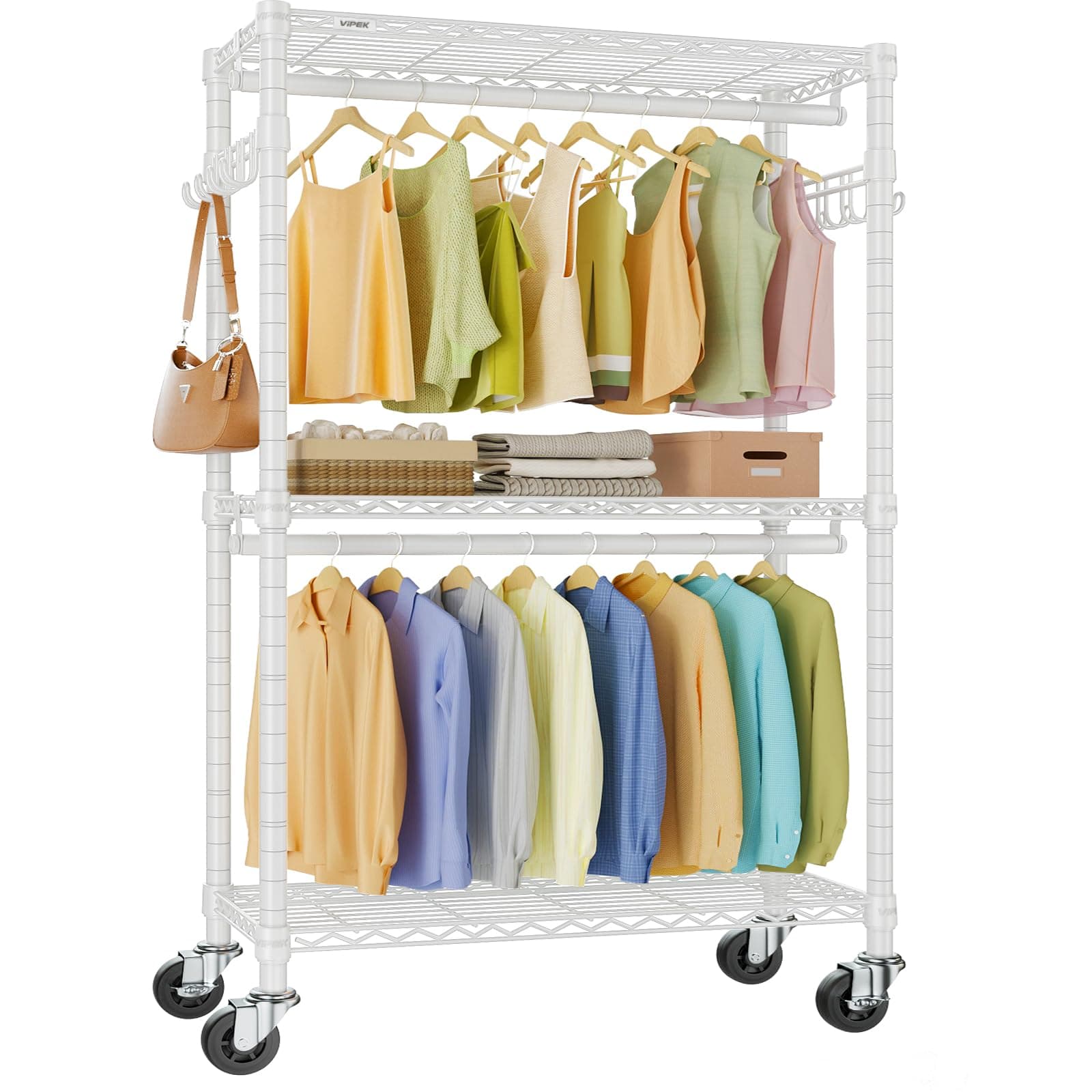 VIPEK V12M Heavy Duty Rolling Clothes Rack 3 Tier Adjustable Clothes Rack with Double Rod & Hook Freestanding Wardrobe Closet Storage Rack Metal Garment Rack Clothes Hanging Rack White