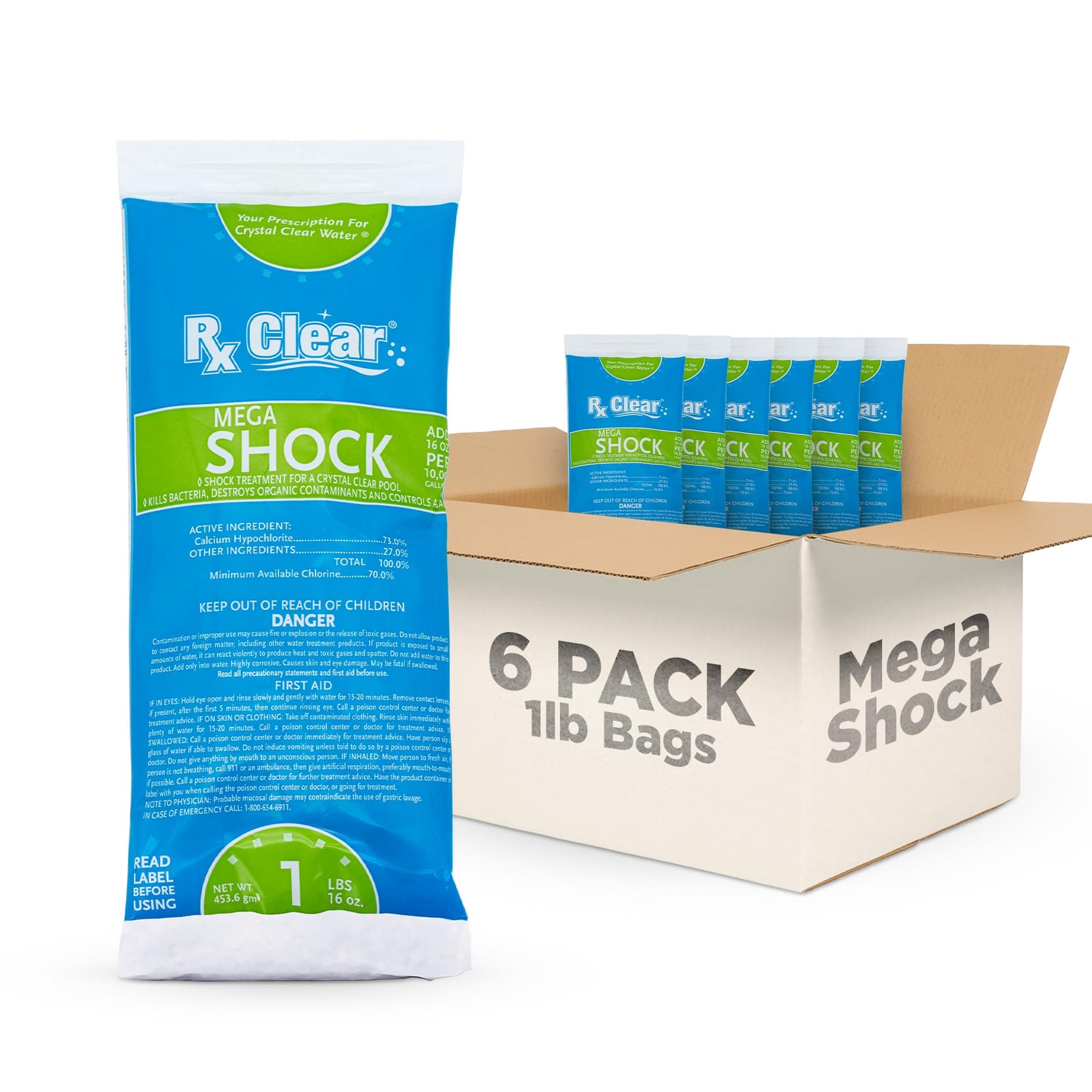 Rx Clear Mega Shock | 73% Calcium Hypochlorite | Kills Algae in Swimming Pools | Works As Pool Sanitizer Clarifier and Algicide | One Pound Bags | 6 Pack