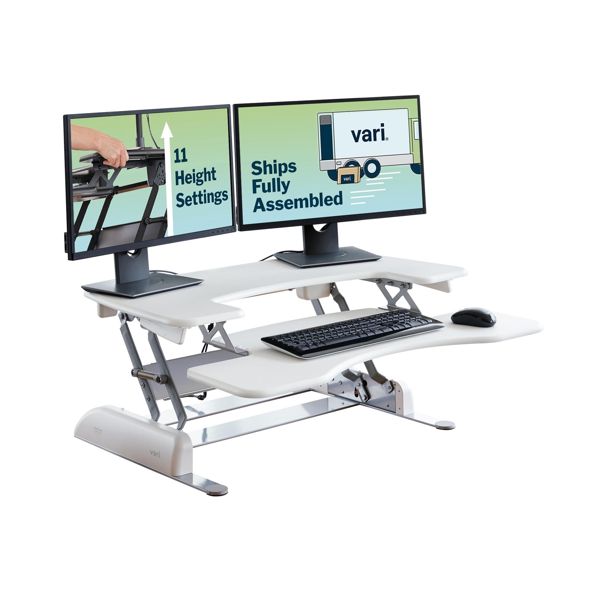 - Vari Varidesk Pro Plus 36 Standing Desk Converter – 11 Height Settings + Spring Lift, 2 Tier Design, Keyboard Tray, Fits Desktops 36” Wide x 26.5" Deep – Delivers Fully Assembled (White)