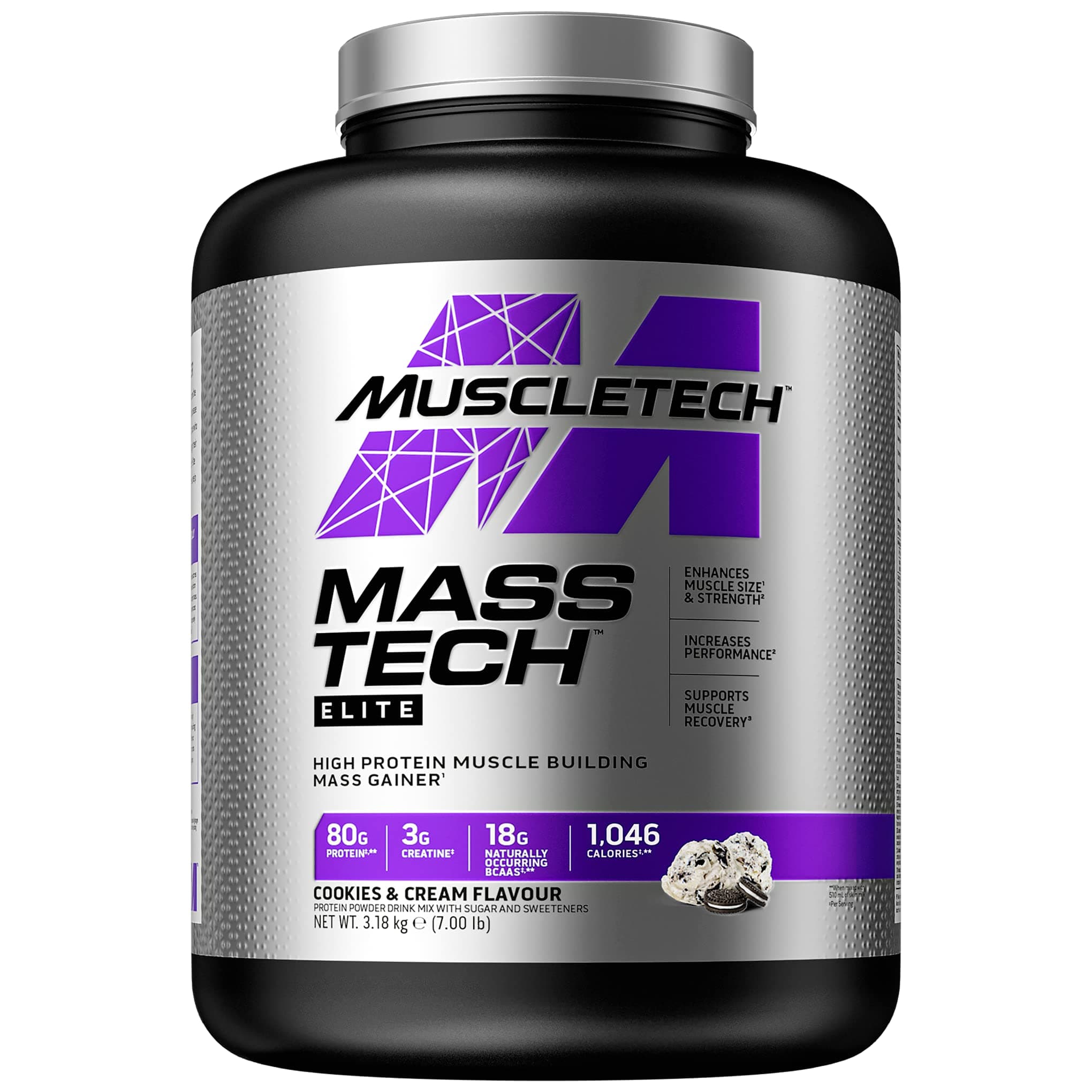 MassTech Elite Protein Powder, Weight & Muscle Mass Gainer, Whey Isolate Mass Protein Powder With 3g Creatine, 80g Protein, 18g BCAA, 14 Servings, 3.2kg, Cookies & Cream