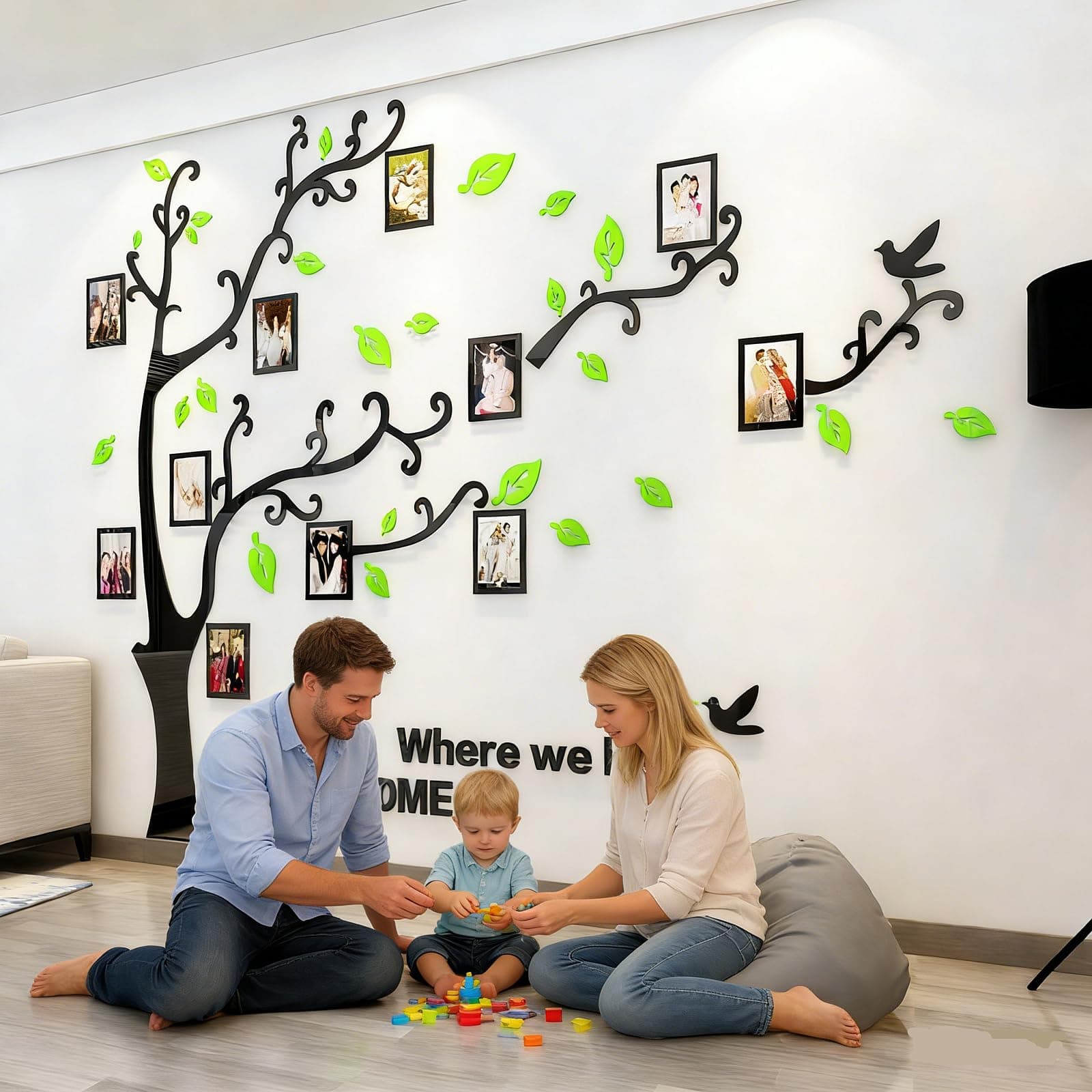 3D Tree Wall Stickers - DIY Photo Frame Tree Wall Decal Family Photo Frame Sticker Murals Wall Decor Living Room Bedroom TV Background Home Decorations (L:91 * 69in,Pale Green Right)