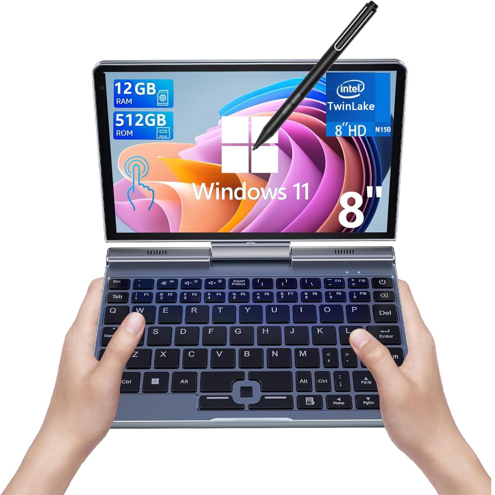 Mini Laptop, Small PC Win11 Pro 8 inch HD Touch Screen N150 2-in-1 Pocket PC 12GB LPDDR5 RAM, 512GB/1TB SSD Wi-Fi 6,BT 5.2,HDMI,2MP Camera Convertible (N150-12GB+512GB)