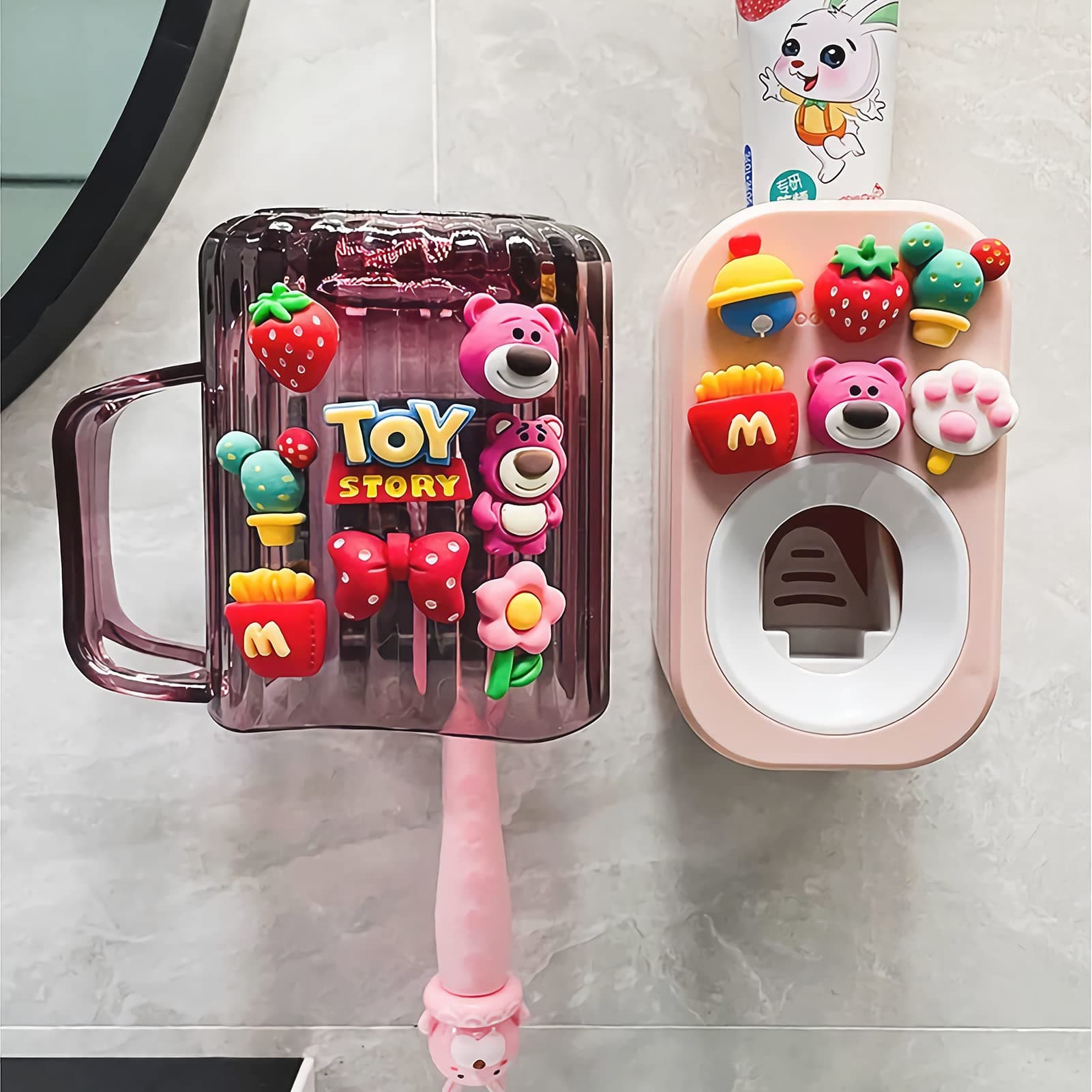 Automatic Toothpaste Dispenser & Toothpaste Holders & Wall Mounted Cup 3 Piece in a Set, is Wall Mounted for Bathroom, Toothpaste Press for Kids and Family Shower by Mr. Thumbs (Pink Set