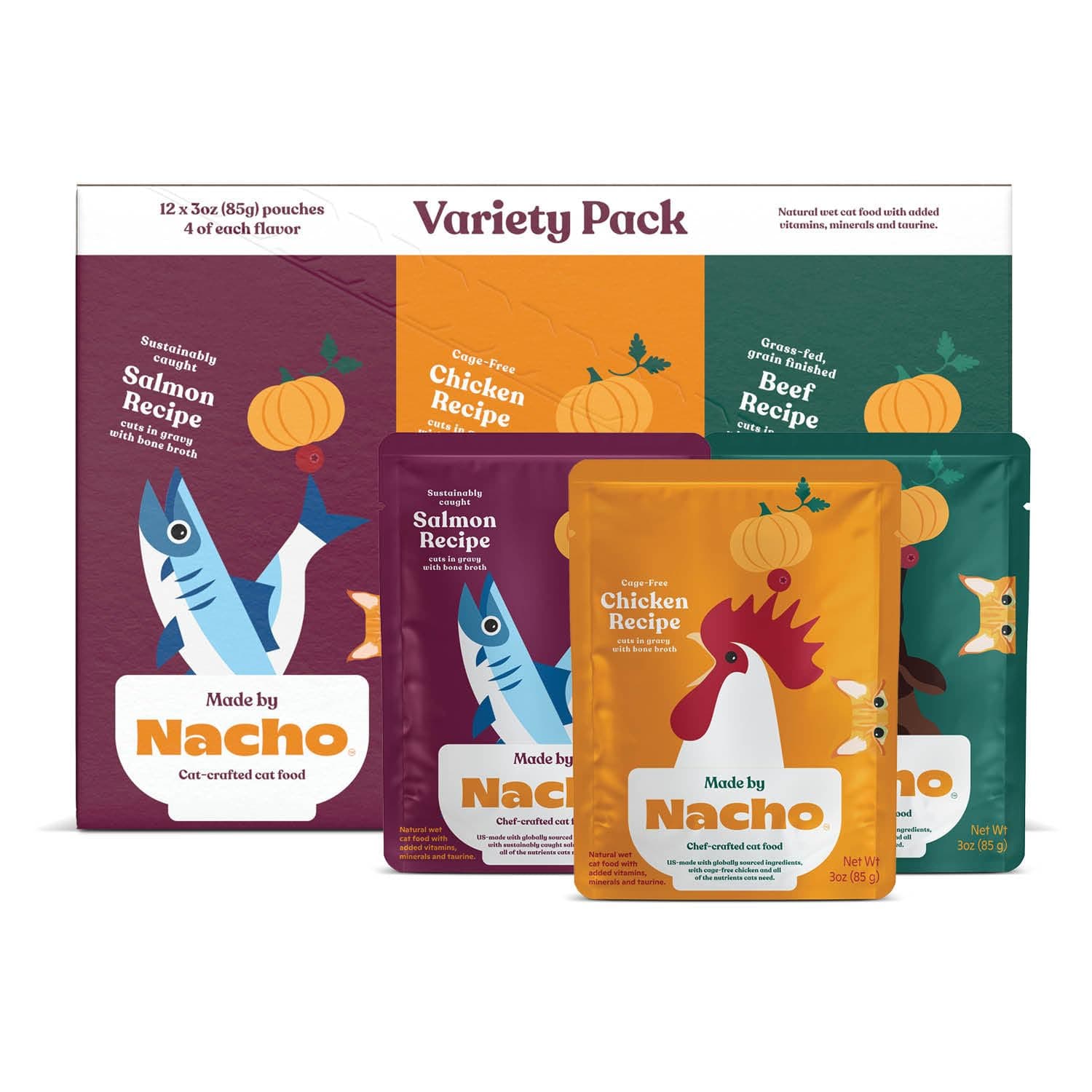 Made by Nacho Wet Cat Food Variety 12 Pack (3oz Each), Cage-Free Chicken, Sustainably Caught Salmon, Grass-Fed Beef with Bone Broth for Extra Hydration, Gravy Cut Pouches