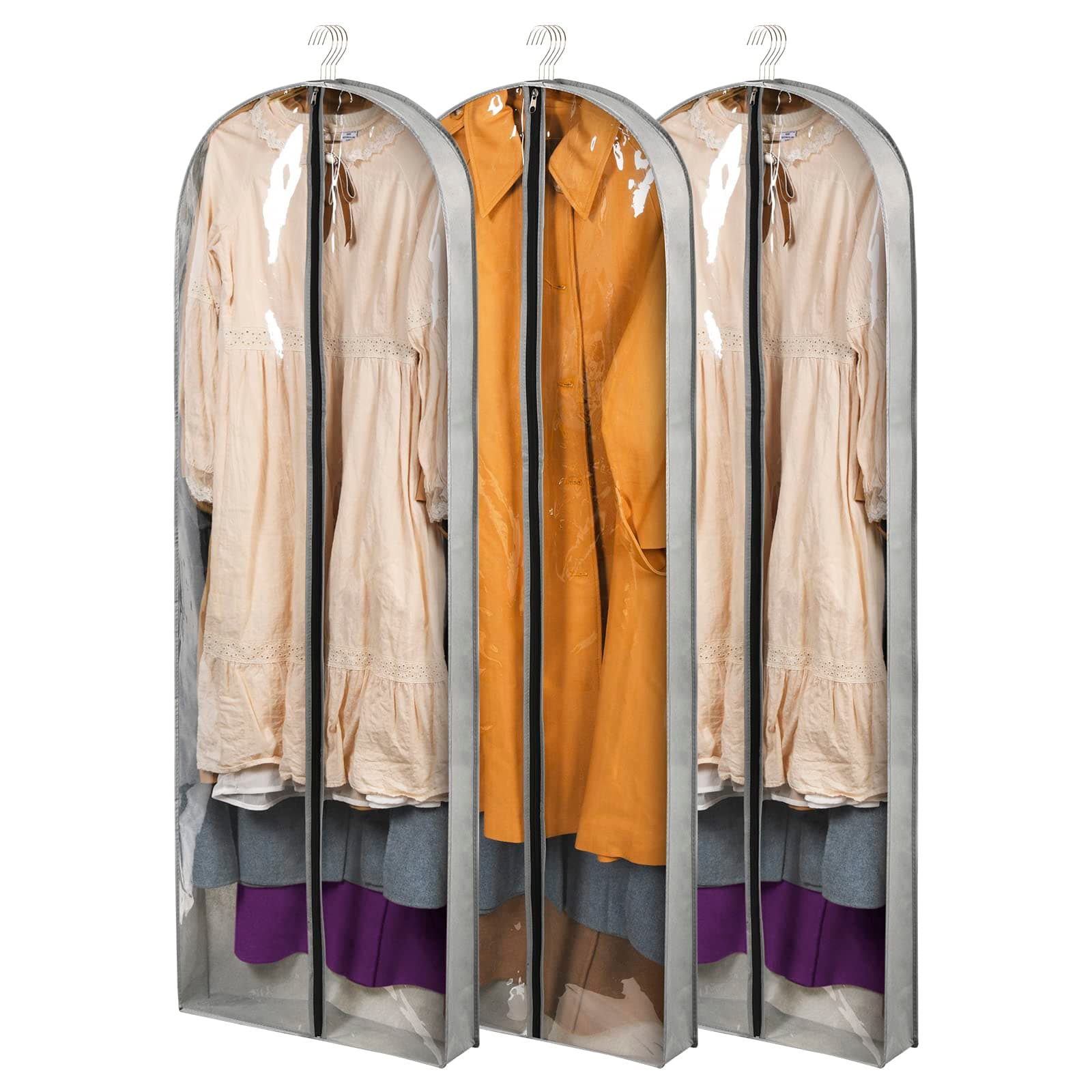 3 Pack 60" Long Garment Bags for Hanging Clothes Storage, Clear Moth Proof Suits Covers with 4" Gussetes for Closet Storage Travel, Plastic Protector for Dress Gowns, Coats, Suit, Down Jacket