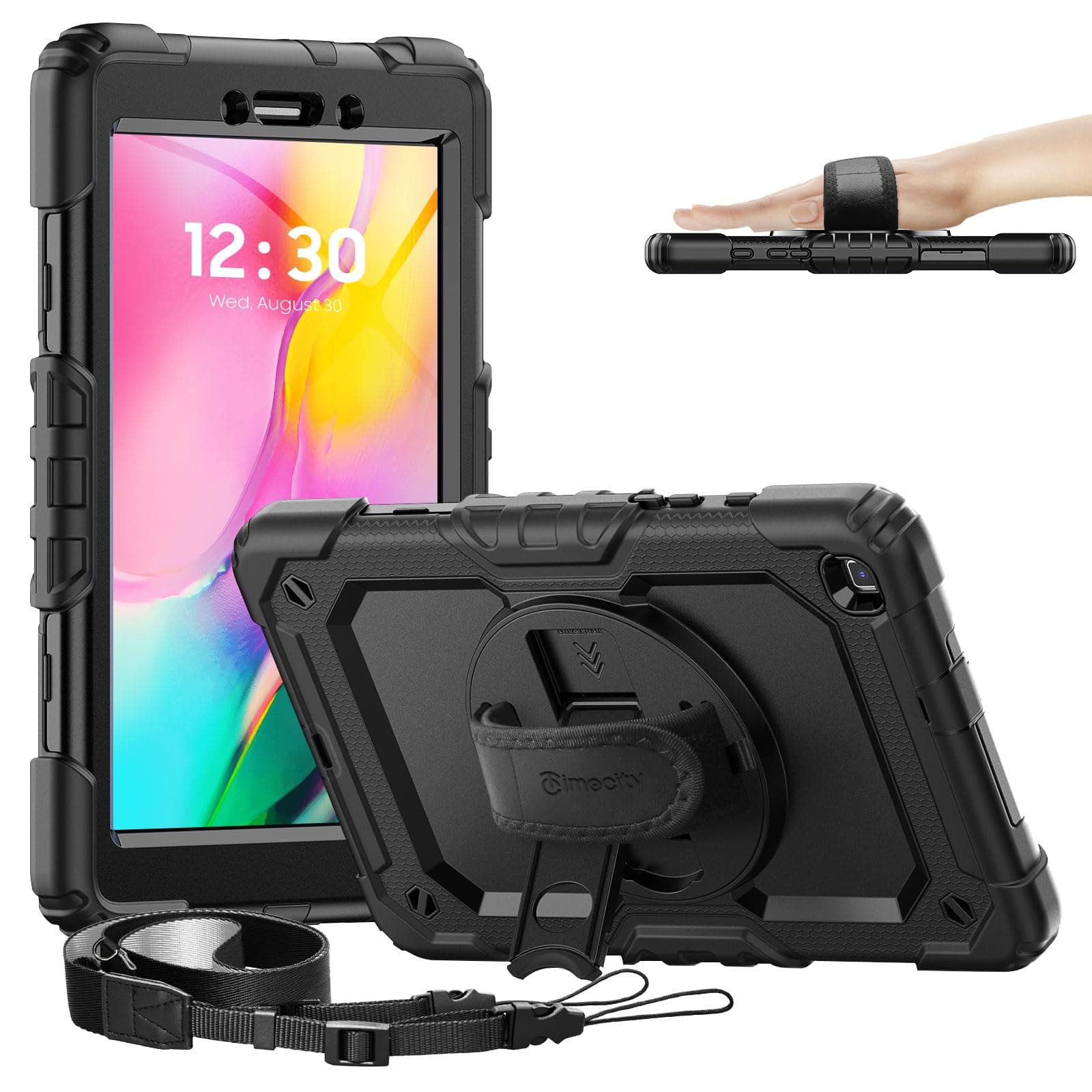 Timecity Case for Samsung Galaxy Tab A 8.0 2019 SM-T290/ T295/ T297, Full-Body Protective Case with Screen Protector, Swivel Stand/Handle Shoulder Strap Case for Kids Students, Black