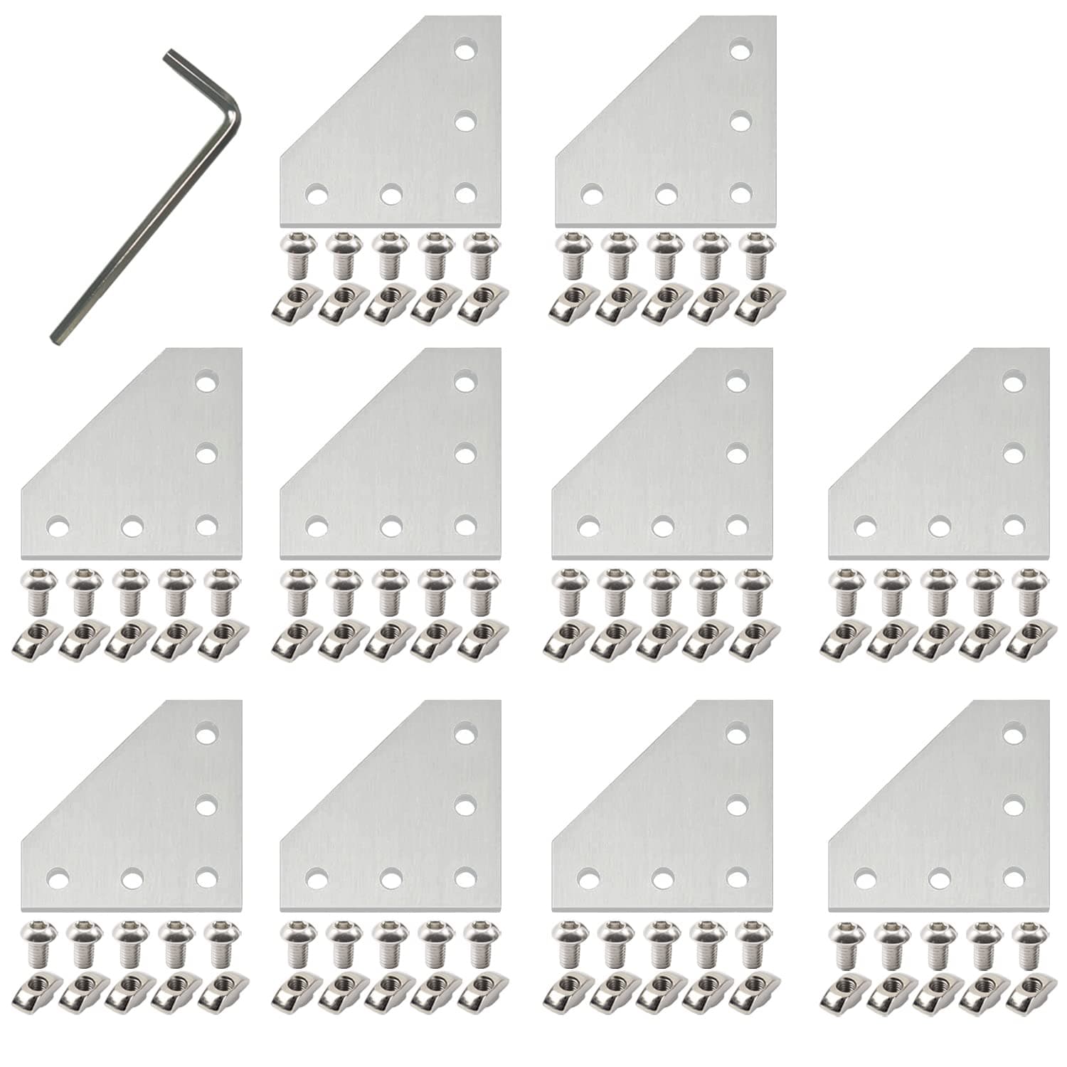 10Pcs 2020 Corner Bracket Joint Plate L Shape 5 Hole Aluminum Extrusion Connector with 50Pcs T-Nuts, 50Pcs Screws and 1Pcs Wrench for 20 x 20mm Series Aluminum Extrusion Profile Silver