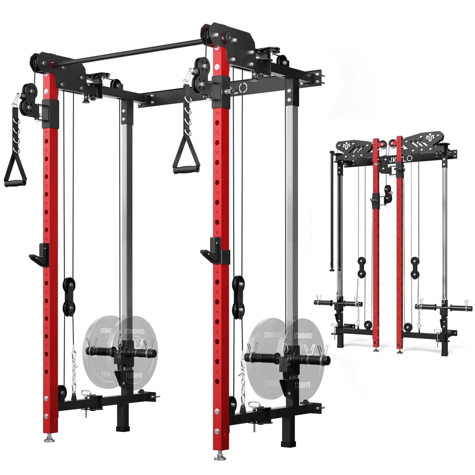 Mikolo Folding Squat Rack, Wall Mounted Power Rack with Cable Crossover Machine & LAT Pull Down Machines, Functional Trainer with 5 Adjustable Function Modes, for Home Gym and Space Saving