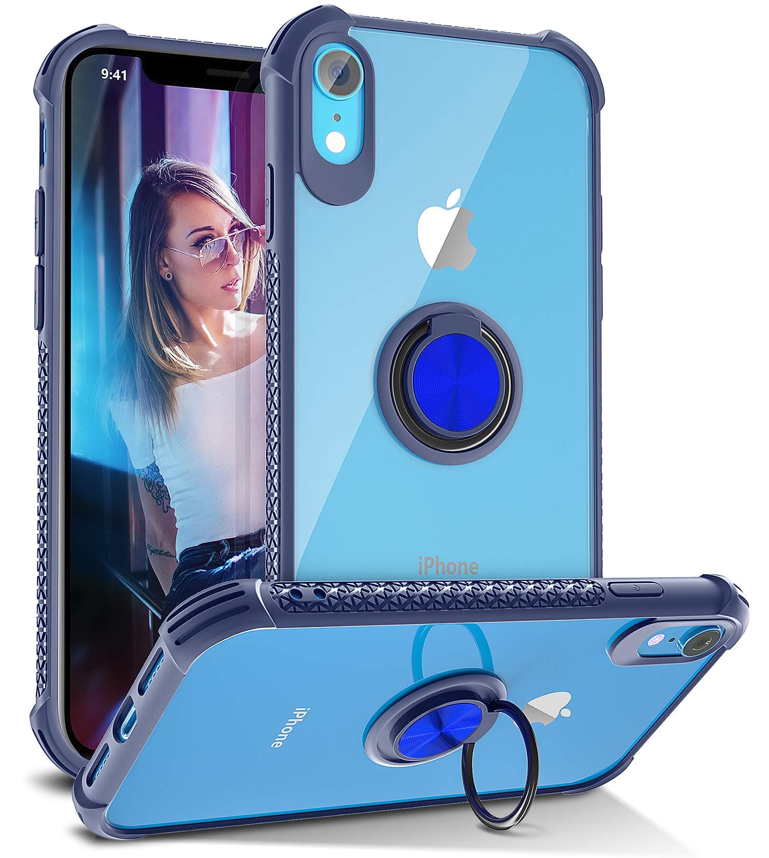 iPhone Xr Case, Daupin Clear iPhone Xr Case with 360 Rotatable Ring Kickstand Magnetic Metal Car Mount Transparent Hard PC Shockproof Protective Soft Bumper TPU Case for Women Men (Blue)
