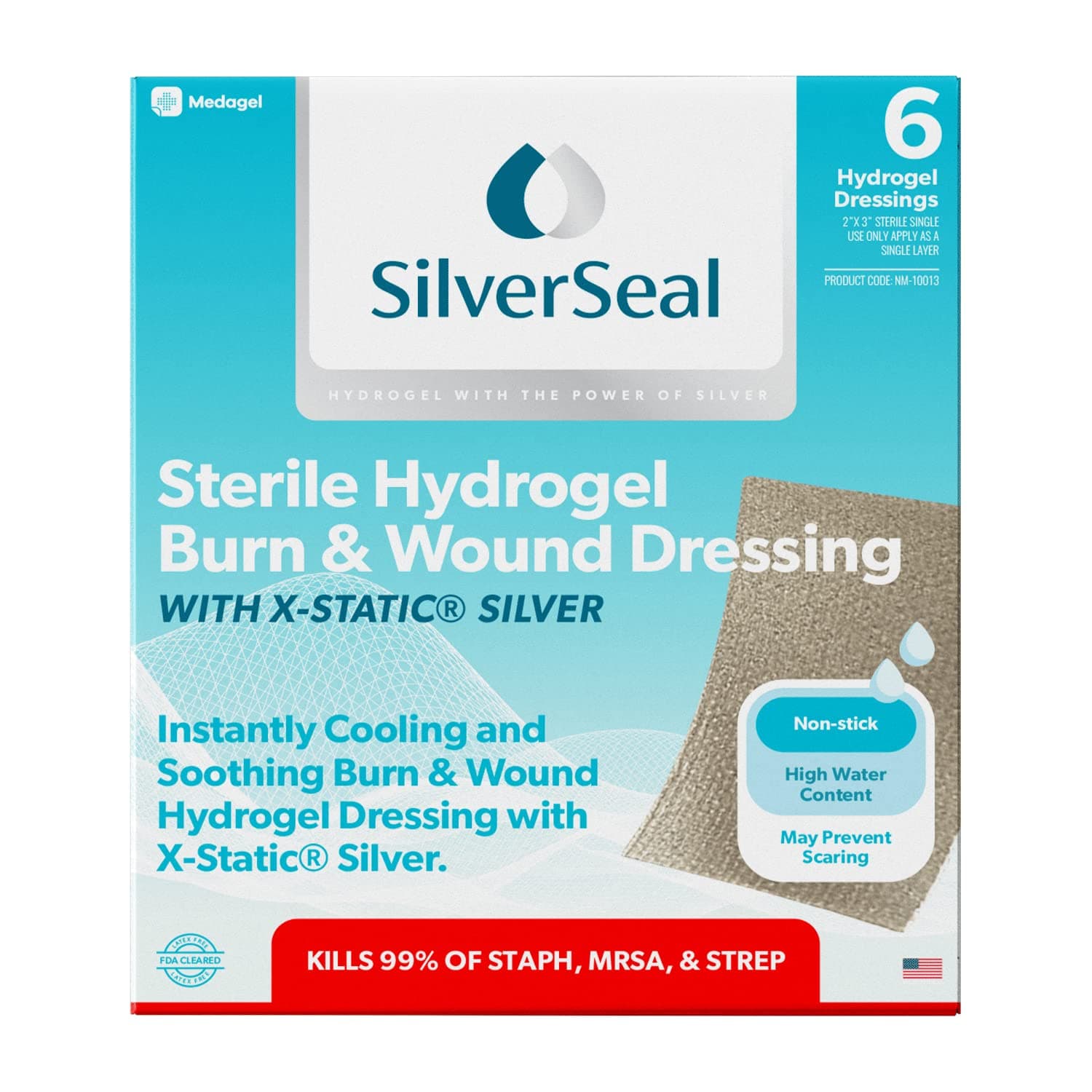 SilverSeal Burn & Wound Dressing Hydrogel Pads with X-Static Silver Soothing, Moist and Protective 2" x 3" Sterile Dressings, Pack of 6