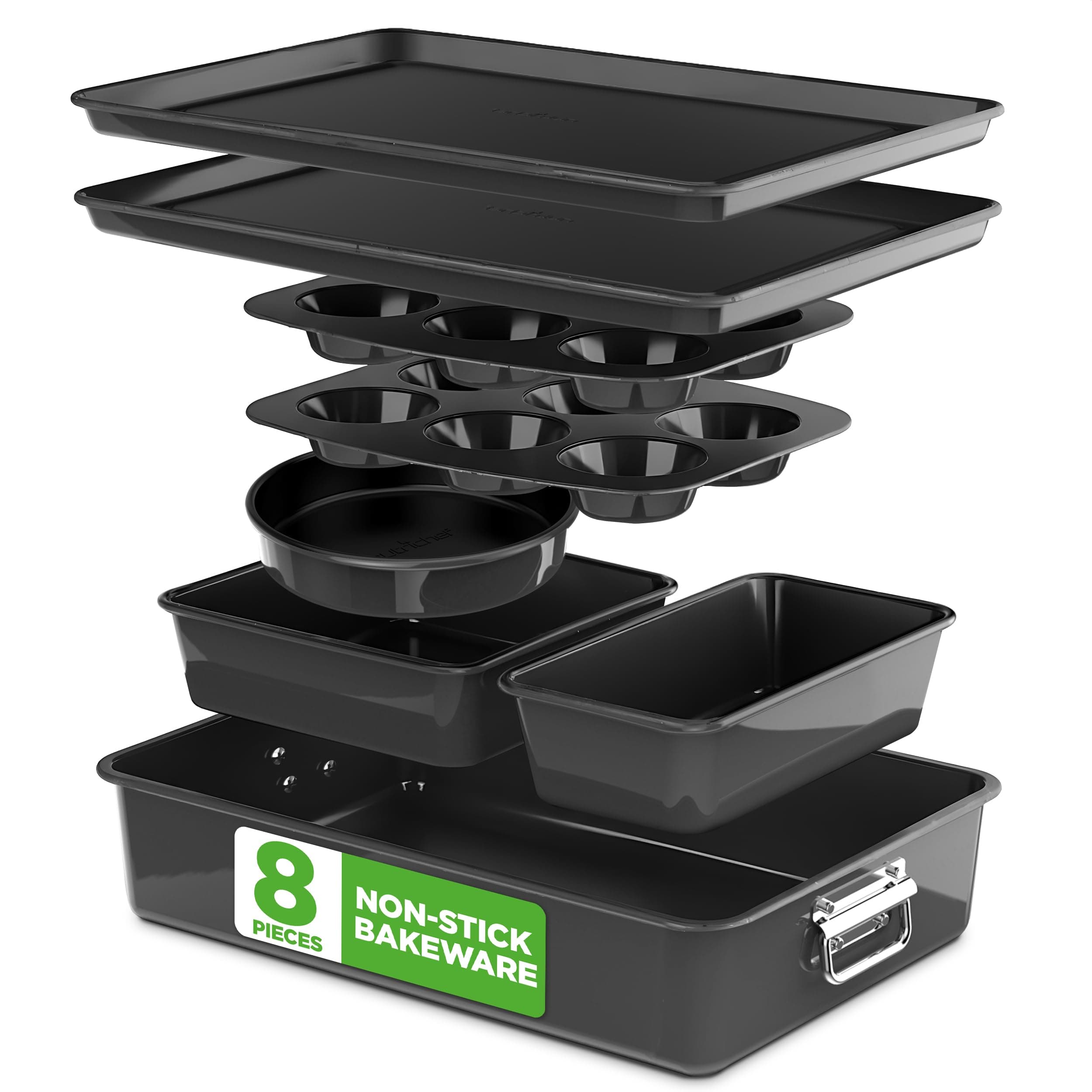 8-Piece Stackable Nonstick Bakeware Set - Premium Steel Baking Pans Set - Includes Round Cake Pan, 6-Cup Muffin Pans, Wide/Square Brownie & Loaf Pans, Cookie Sheet, & Roaster Pan (Black)