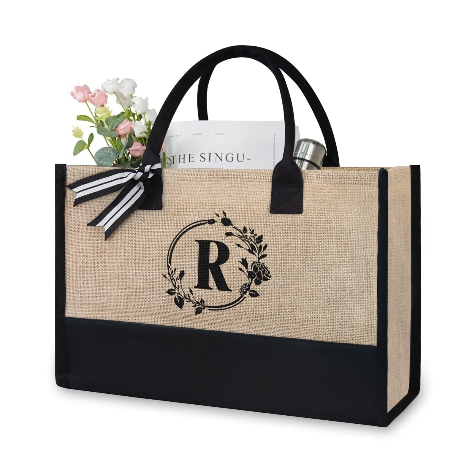 TOPDesign Personalized Initial Jute/Canvas Beach Bag, Monogrammed Gift Tote Bag for Women