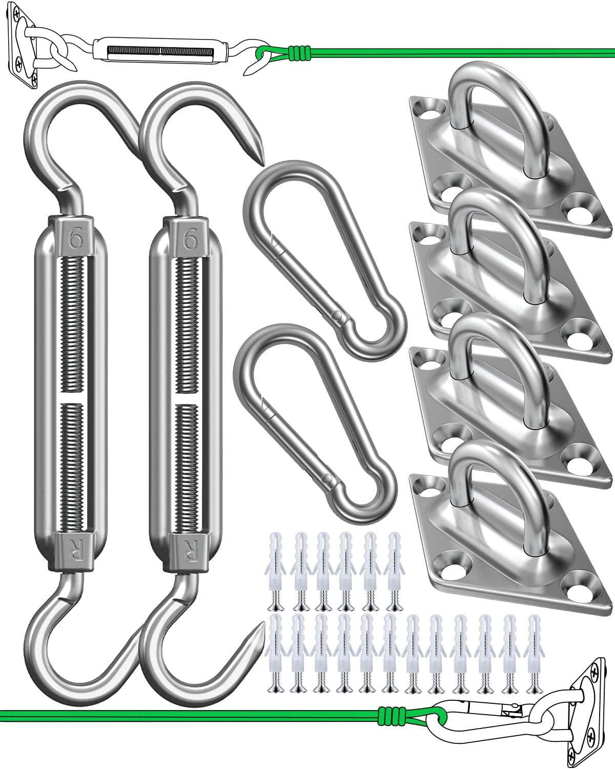 EVERSEE Sun Shade Sail Fixing Kit - Sail Shade Hardware Kit 304 Stainless Steel, Sun Shade Sail Hardware Kit for Garden Rectangle/Square, Heavy Duty Sun Sail Hardware Kit Installation 40 Pcs