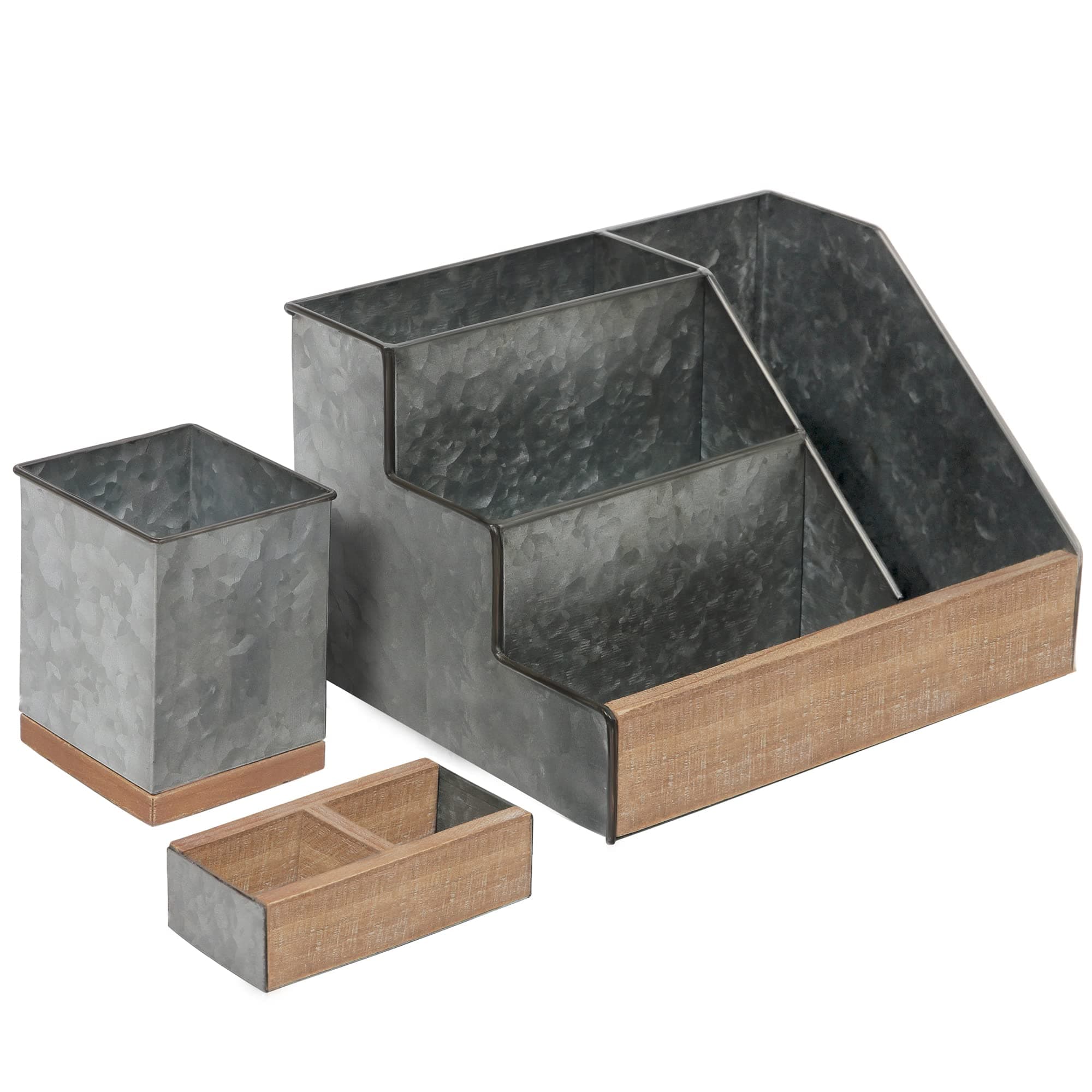 3 PIECE Galvanized Metal Desk Organizer Set- Rustic Mail Organizer For Desktop - Great For Rustic or Industrial Home Decor! Rustic Makeup Organizer For Vanity