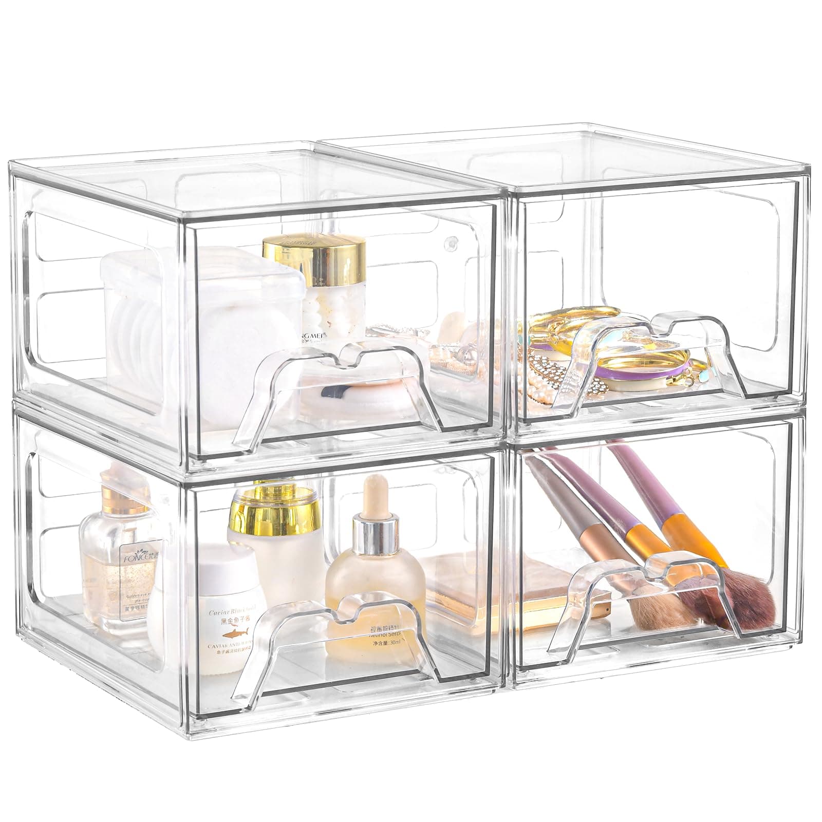 4 Pack Stackable Storage Drawers, Acrylic Bathroom Makeup Organizer and Storage,Clear Plastic Pull Out Drawers for Vanity, Undersink, Kitchen Cabinet, Pantry Organization and Storage