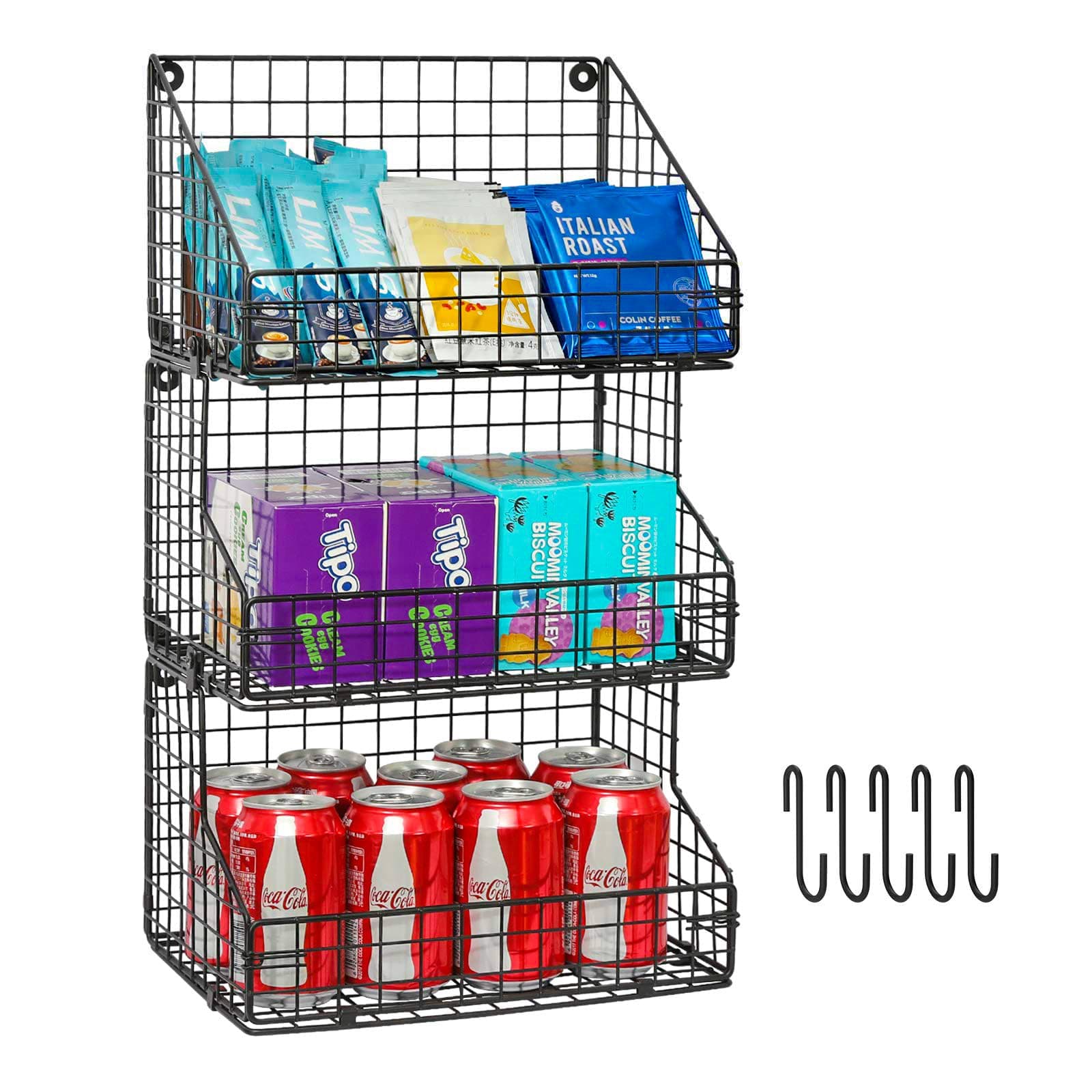 3-Tier Stackable Detachable Snack Organizer (Large Size), Countertop Display/Wall Mounted Shelf with 5 Hooks Wire Basket Snack Shelf for Office Cabinets, Kitchen, Pantry, 11.8x7.8x22 Inch
