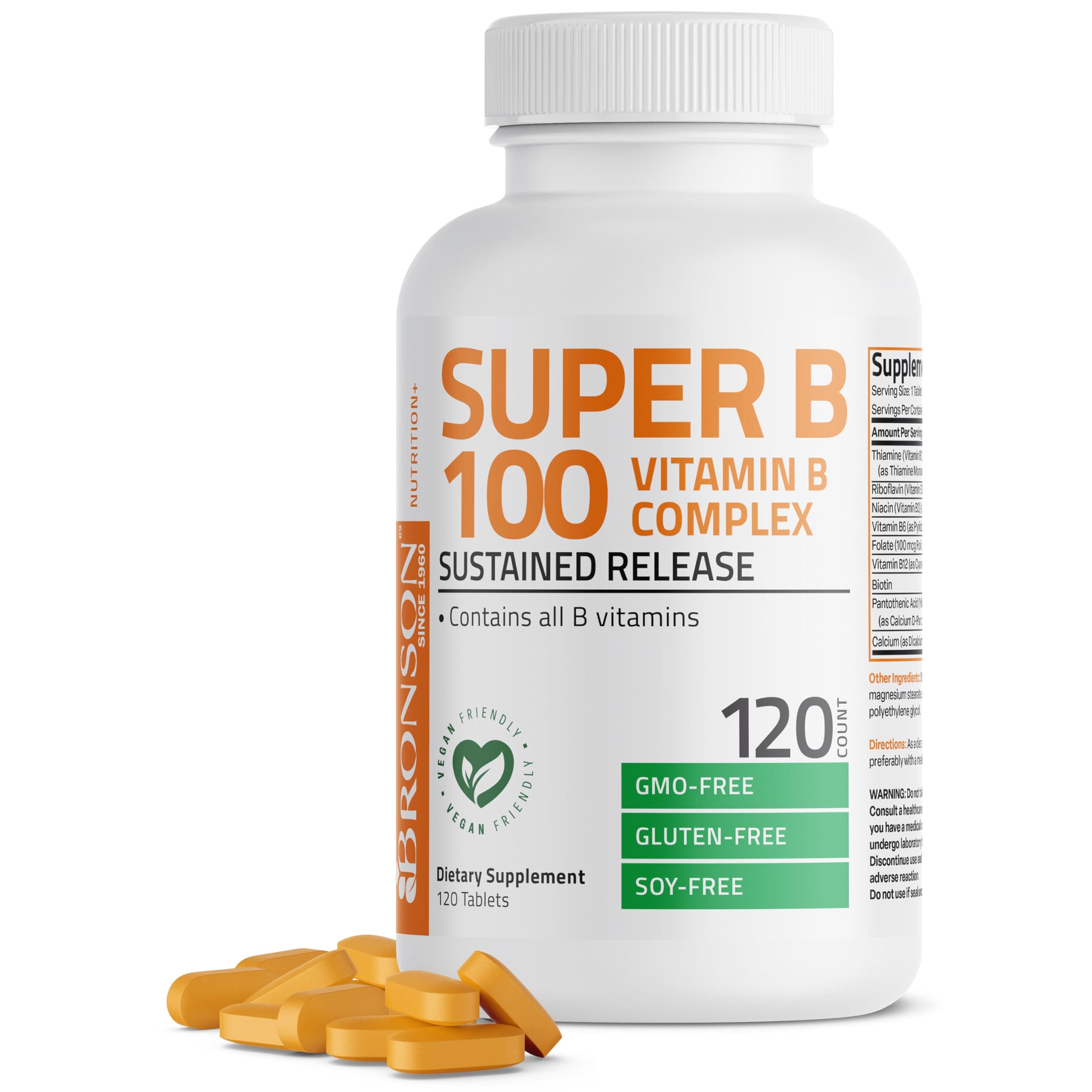 Bronson Super B100 Vitamin B Complex Sustained Release Contains All B Vitamins (Vitamin B1, B2, B3, B6, B9 - Folic Acid, B12), 120 Tablets