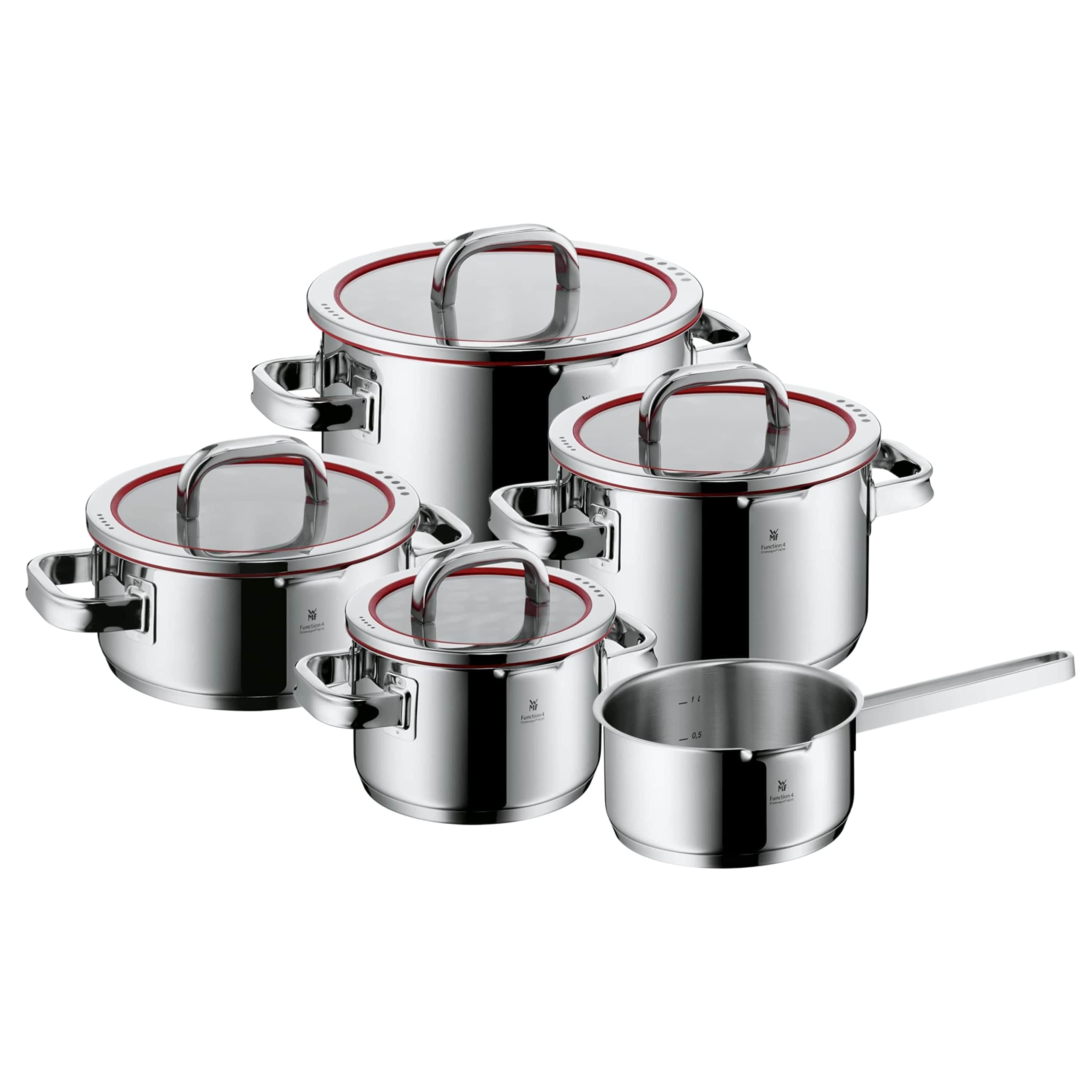 Function 4 5-Piece Induction Saucepan Set, Glass Lid with 4 Pouring Functions, Polished Cromargan Stainless Steel, Induction Pots Set, Inner Scale