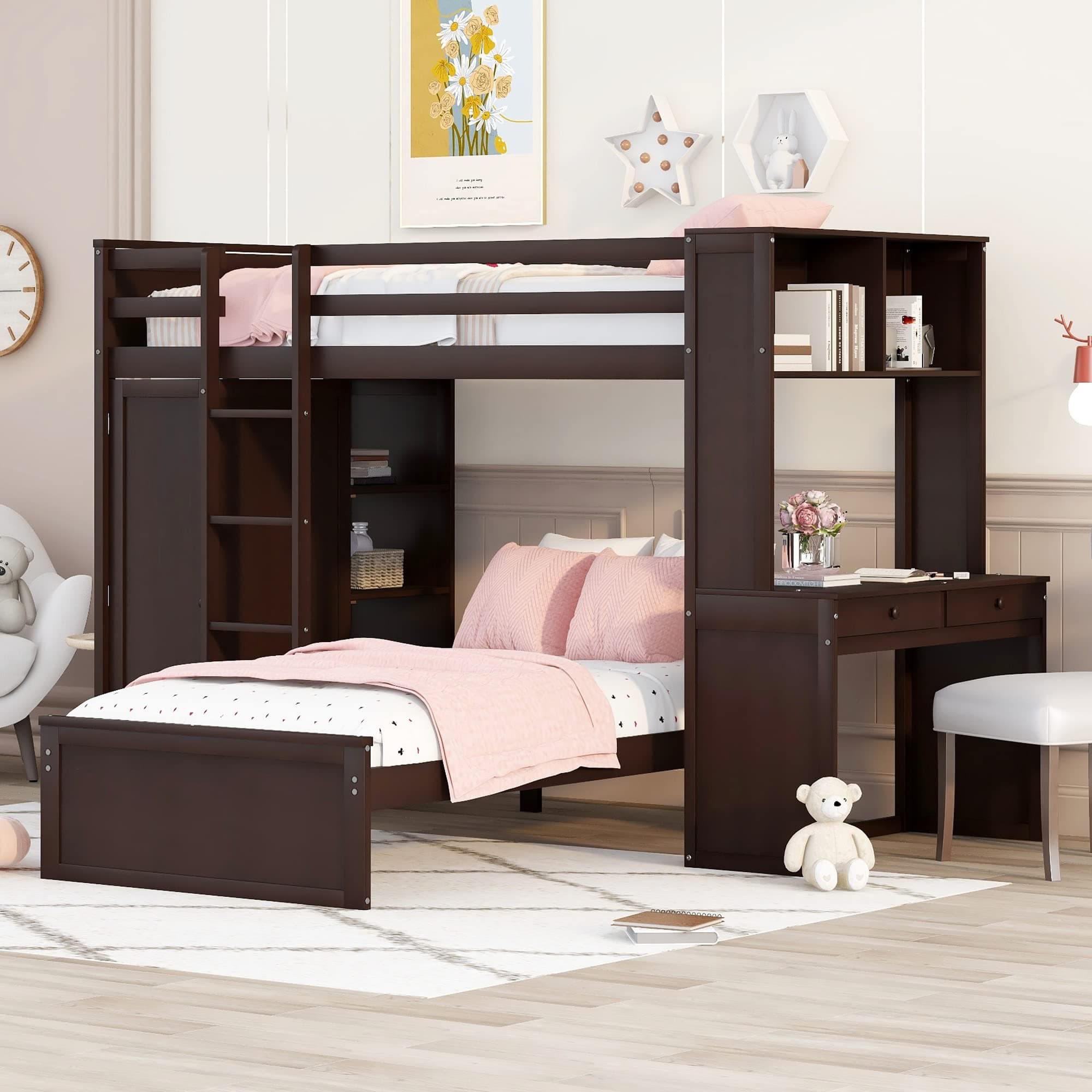 Twin Over Twin Bunk Bed with Built-in Desk and Wardrobe, Solid Wood Loft Bed & Stand-alone Platform Bed with Storage Shelves and Safety Guardrail for Kids Teens Adults, Maximize Space (Espresso-4)