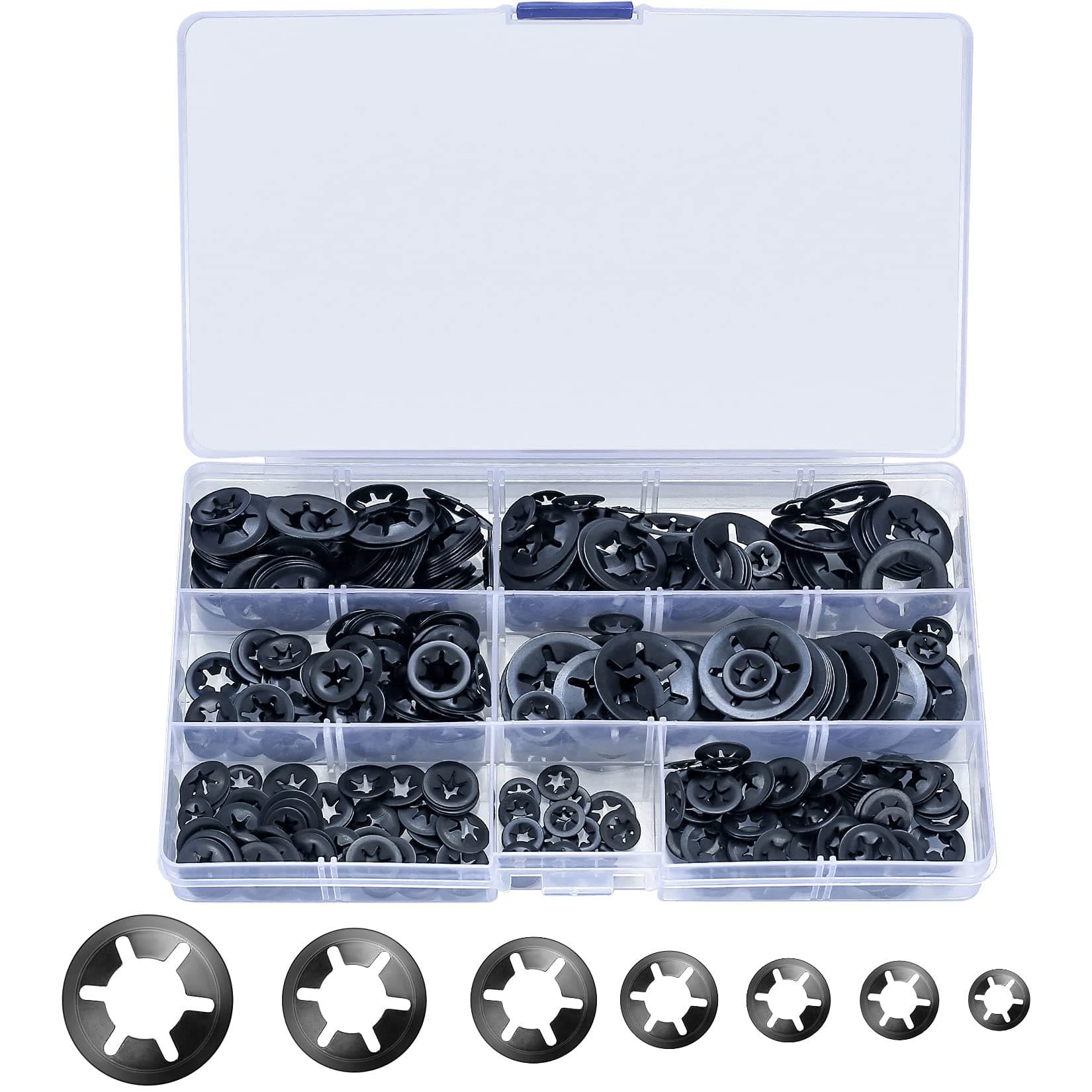 340 Pcs Starlock Internal Tooth Push On Locking Washers, Quick Speed Clips Fasteners, Black Fixed Lock Assortment Kit - M3/M4/M5/M6/M8/M10/M12