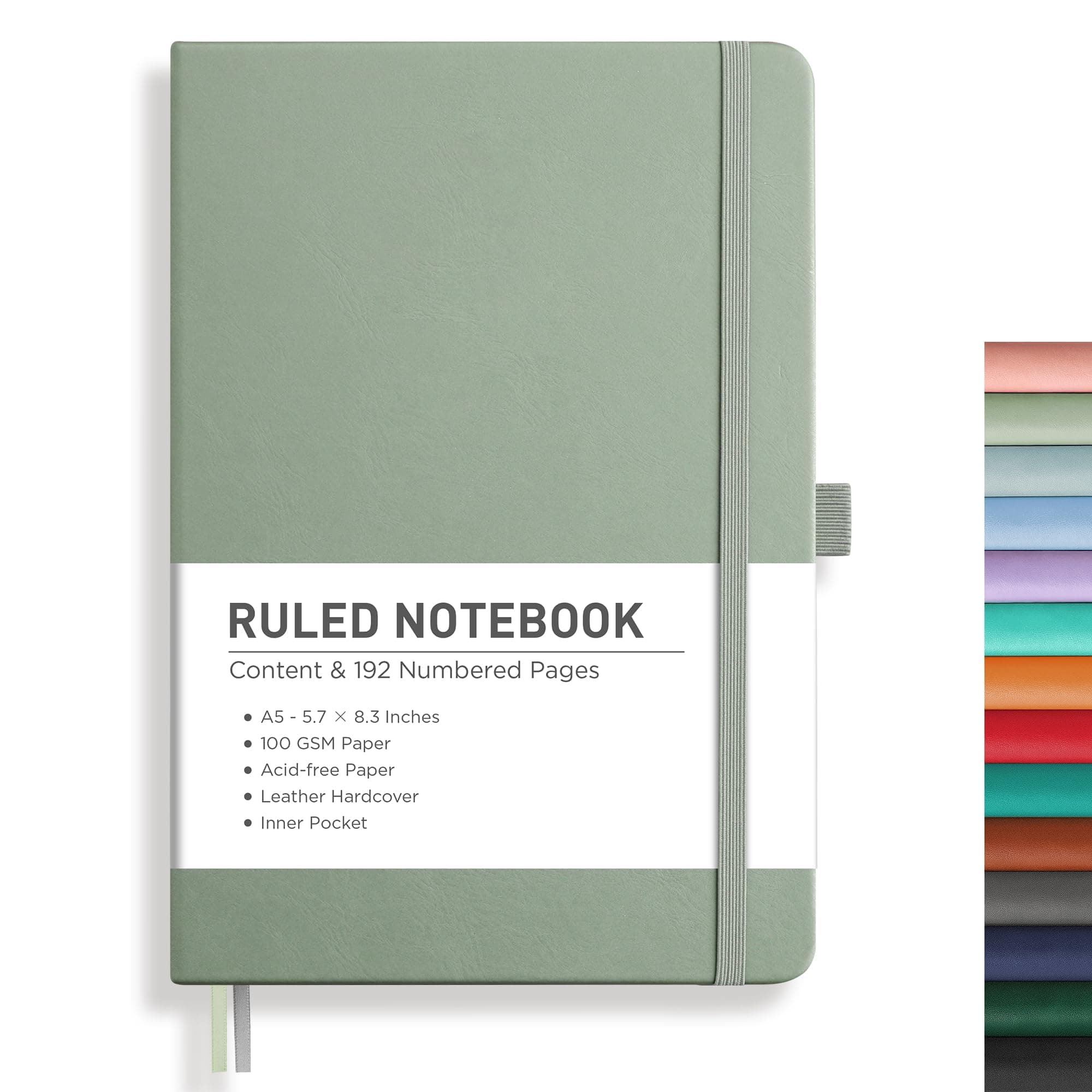 RETTACY Lined Journal Notebook, 192 Numbered Pages, A5 Medium Size (5.7'' x 8.3''), for Men & Women, Journaling, Writing, Work & Office, Leather Hardcover, 100 GSM Thick Paper (Sage Green)