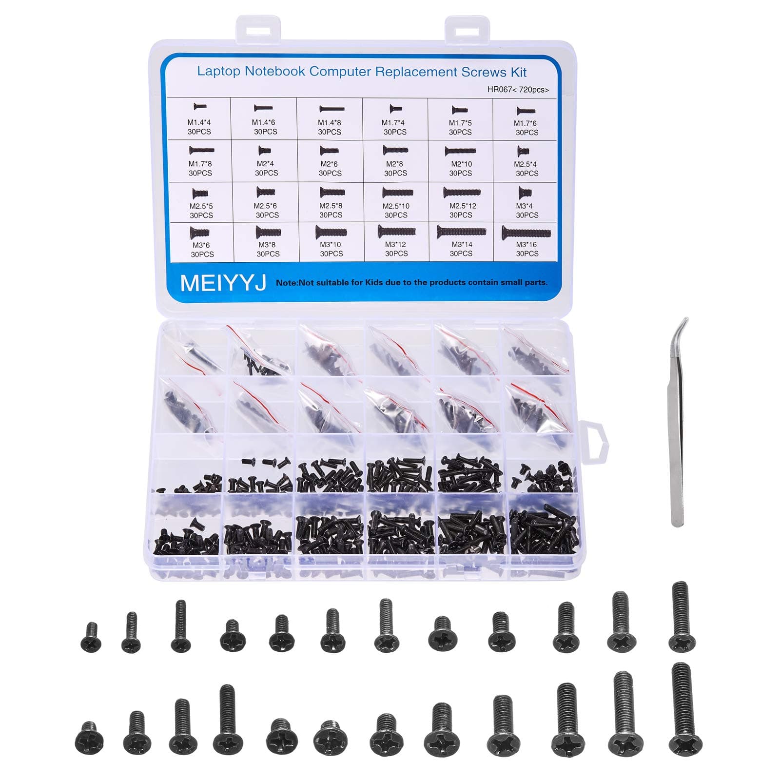 720pcs Laptop Notebook Screws Set,Replacement Computer Screws Kit,M1.4,M1.7,M2,M2.5,M3 countersunk Flat Head Phillips Mini Screw Set for Electronic Repair.