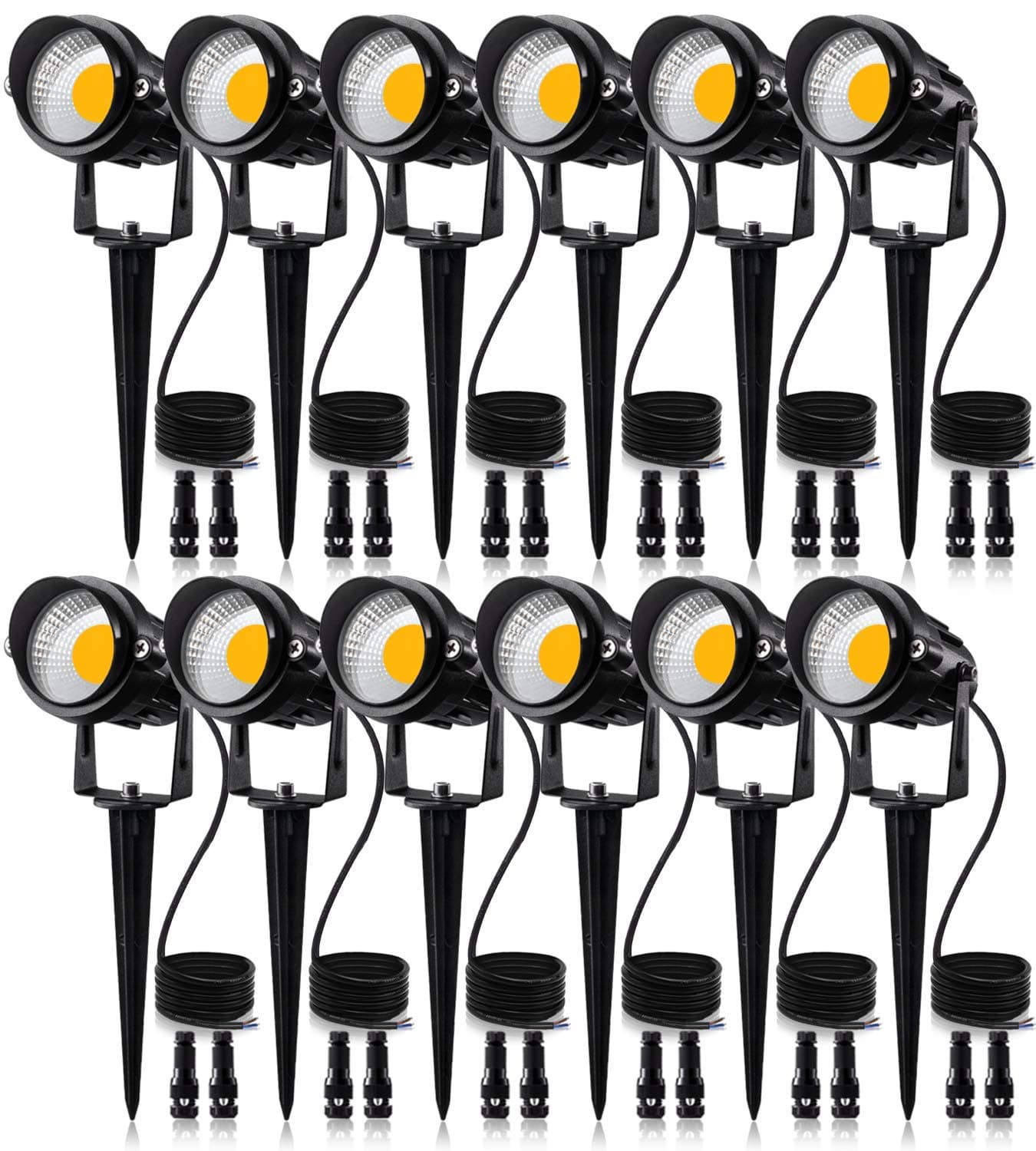 12W Low Voltage LED Landscape Lights with Connectors, Outdoor 12V Super Warm White (900LM) Waterproof Garden Pathway Lights Wall Tree Flag Spotlights with Spike Stand (12 Pack with Connector)
