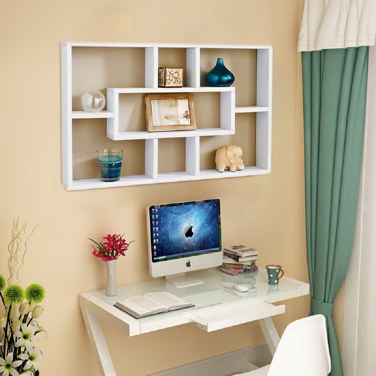 Quieting Wall Mounted Shelf Space Saving Multi-Compartment Display Wall Shelves Display Bookshelf Storage Unit White