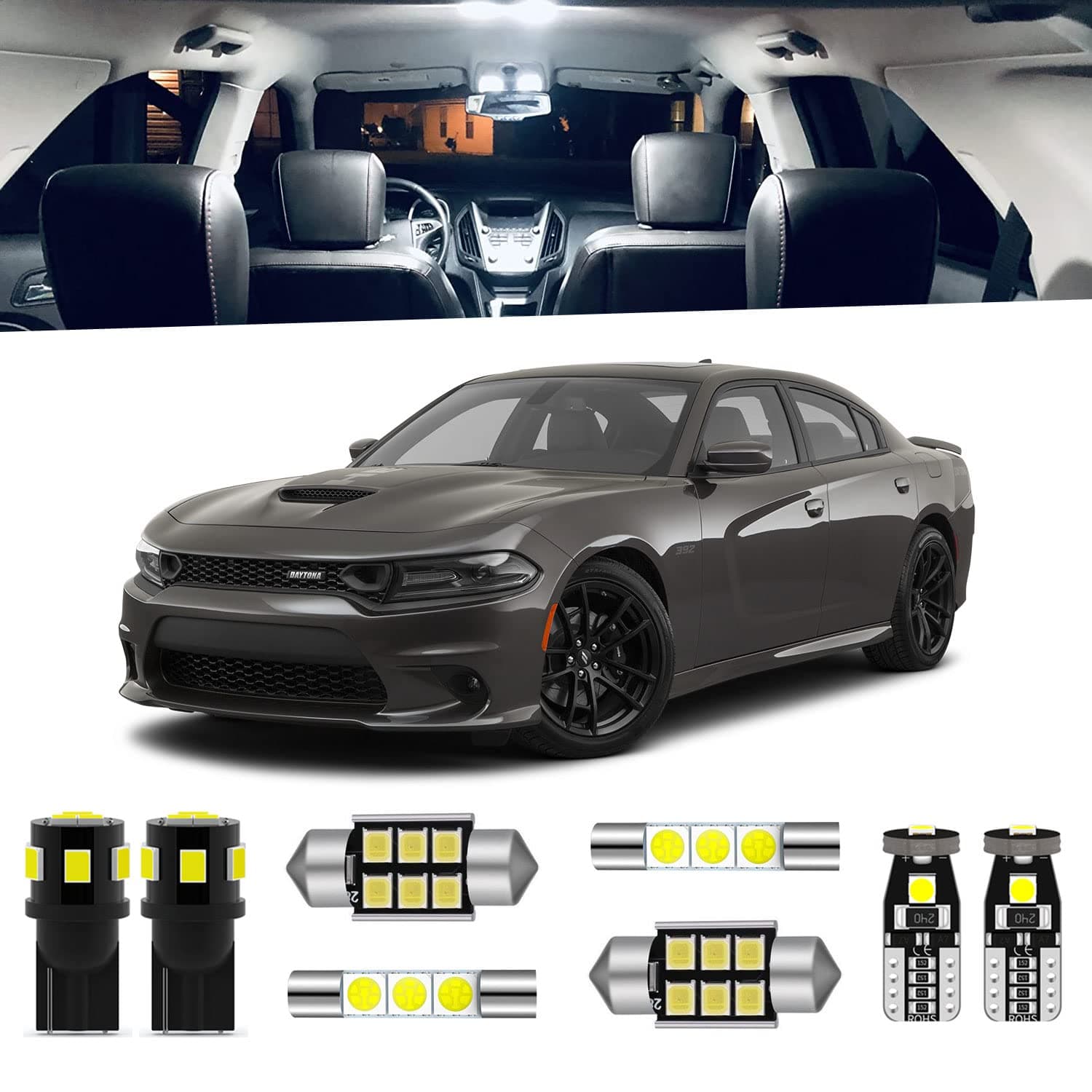 16-Pieces Charger Interior LED Light Kit Package for Dodge Charger 2011 2012 2013 2014 2015 2016 2017 2018 2019 2020 2021 White LED Lighting Package + License Plate Lights, Install Tool