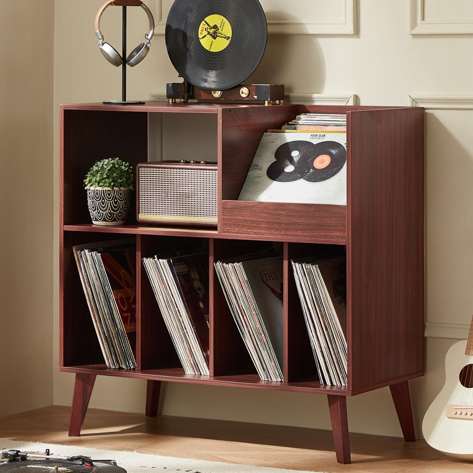 Large record stand with storage, record player stand with shelf, vinyl record holder with presentation surface, record stand for up to 300 albums, record shelf for music room and living room