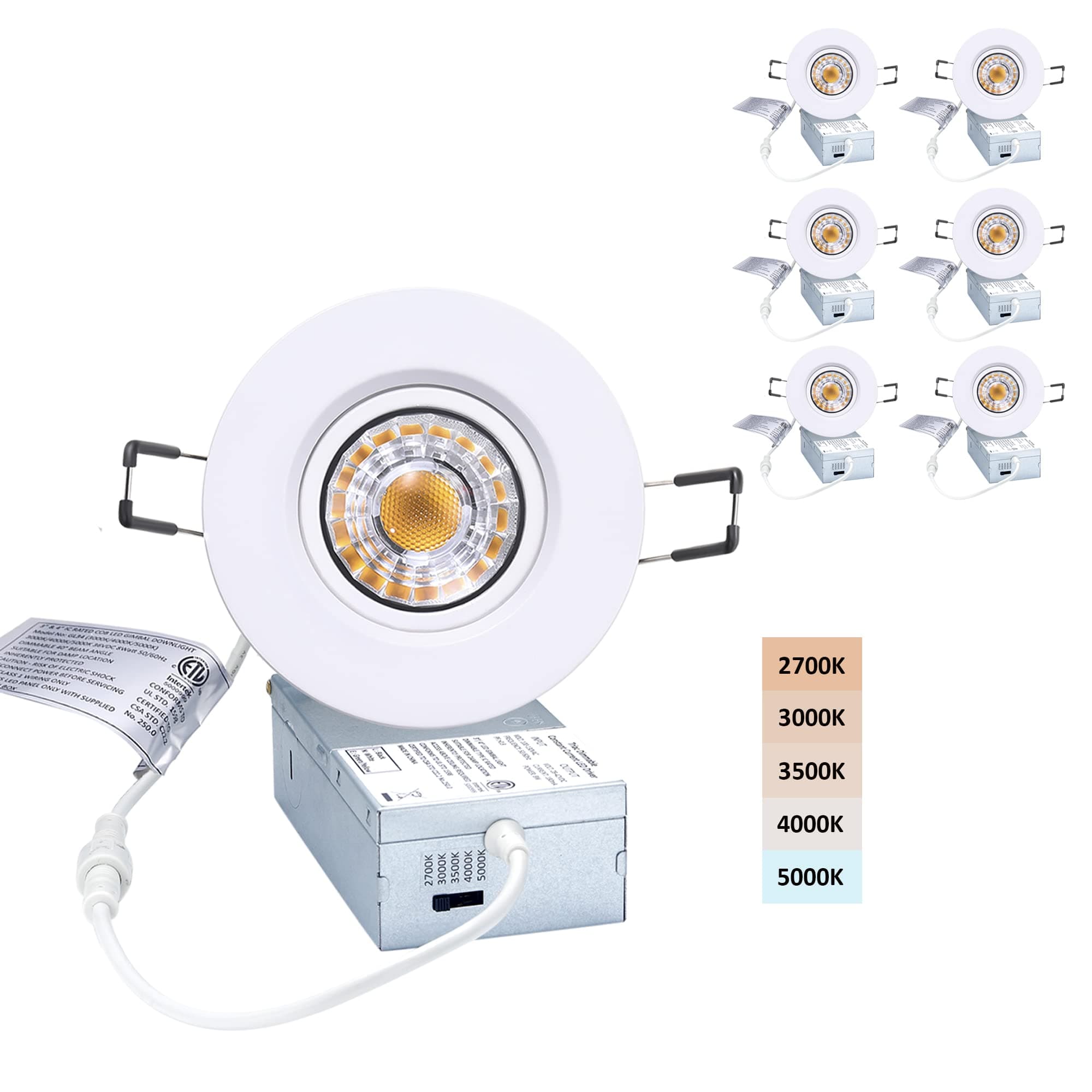 POPANU Canless Recessed Gimbal Downlight Rotatable-Spotlight 5 CCT 3 Inch Eyeball Ceilling Potlight, Dimmable Recessed Lights Fixture with Junction Box, 8W CCT Adjustable, White Round Trim, 6 Pack