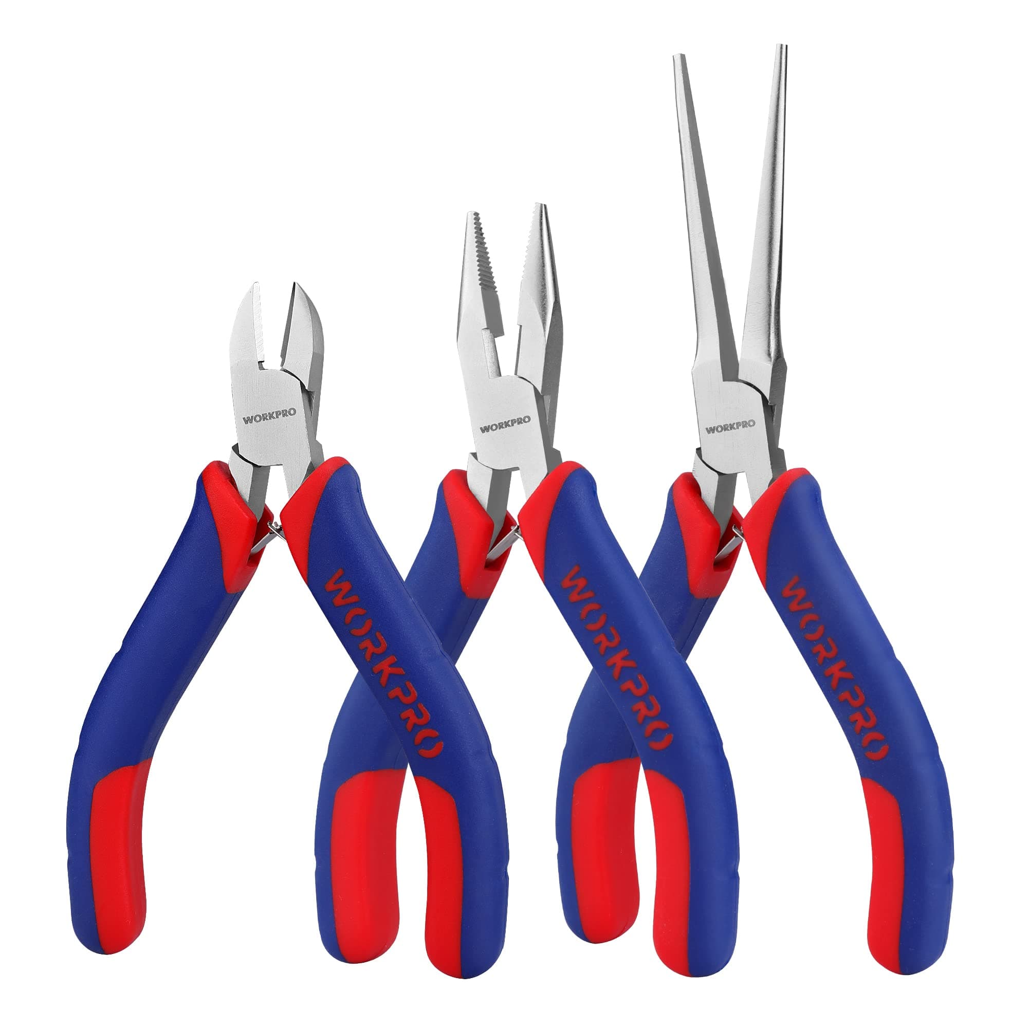 WORKPRO Mini Pliers Set, 3-Piece Small Pliers Tool Kit Includes 10cm Diagonal Plier, 13cm Long Nose Plier, 15cm Needle Nose Plier, for Making Crafts, Repairing Electronic Devices