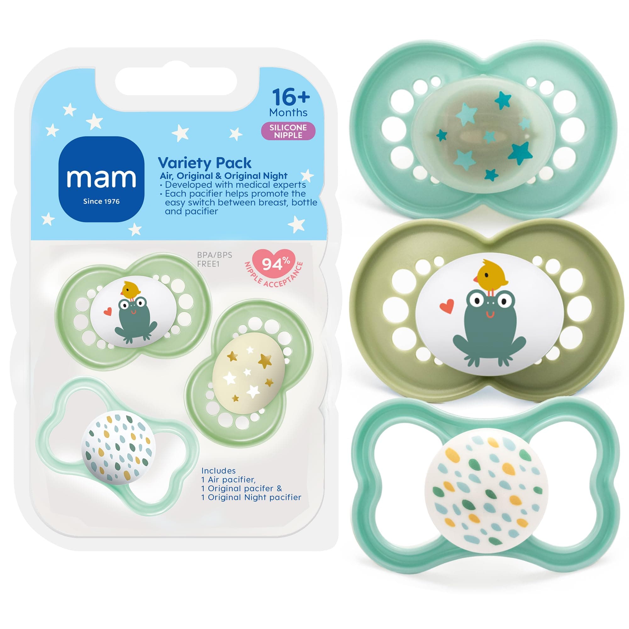 MAM Variety Pack Baby Pacifier, Includes 3 Types of Pacifiers, Shape Helps Promote Healthy Oral Development, 3 Count (Pack of 1)