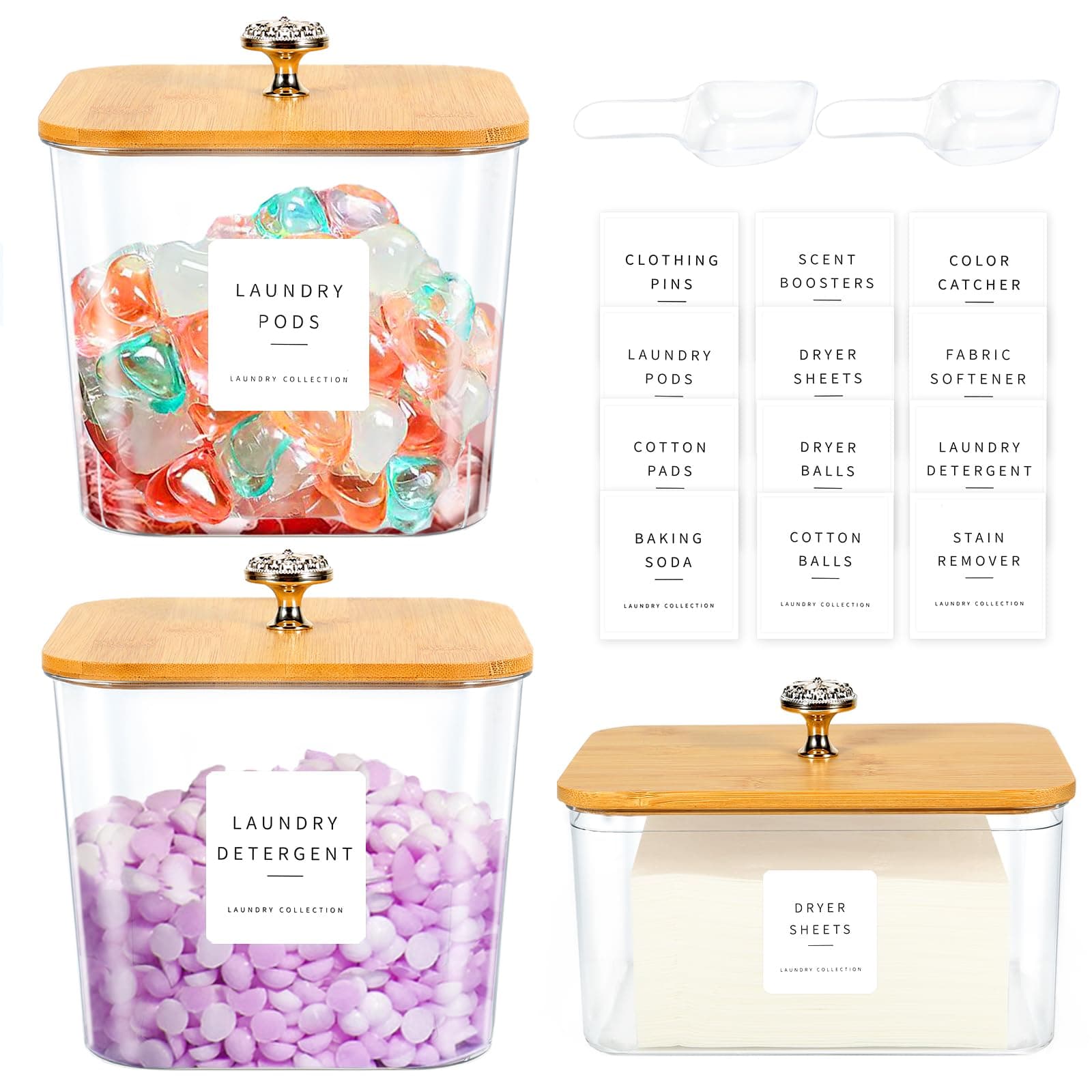 3 Pack Laundry Room Organization Storage Containers Acrylic Laundry Pod Containers and Dryer Sheet Holder with Lids and Labels for Laundry Detergent Laundry Pods Dry Sheet Organizing