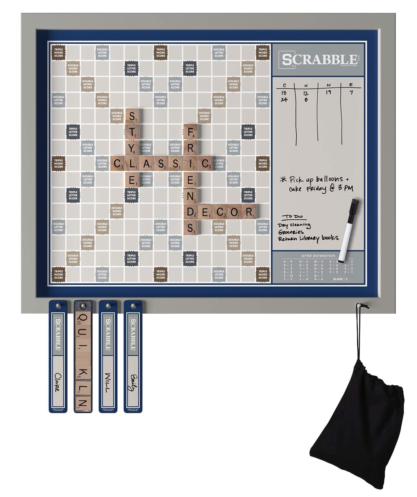WS Game Company Scrabble Deluxe 2-in-1 Wall Edition, Oversized 30" x 24" Wood Frame, Magnetic Tiles & Dry Erase Message Board, Hangable Home Decor, Family Word Board Games for 2-4 Players, Ages 8+