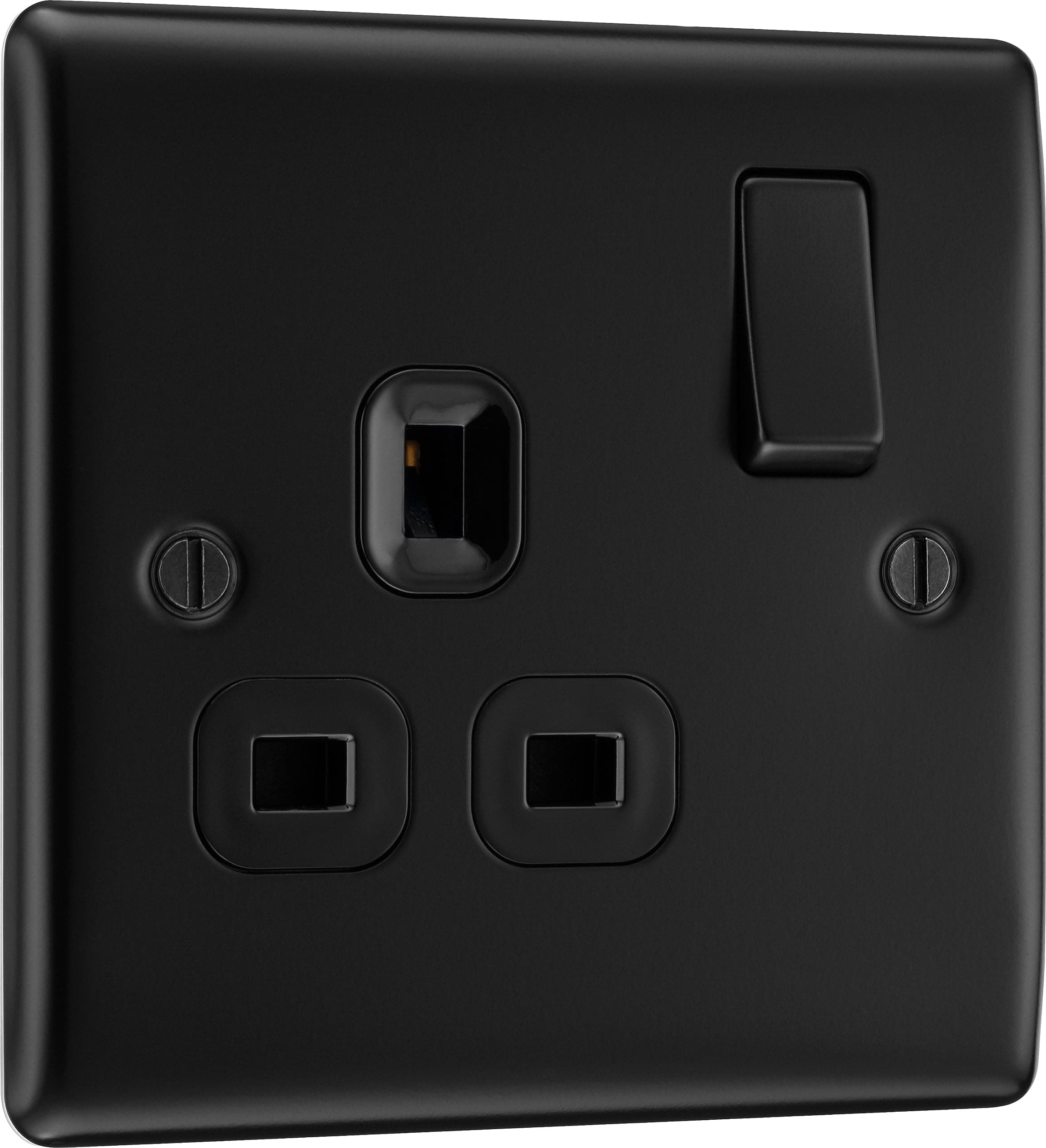BG Electrical Single Switched Power Plug Wall Socket, Raised and Slim Profile, Round Edges, Nexus Metal, Matt Black, 13A, NFB21B