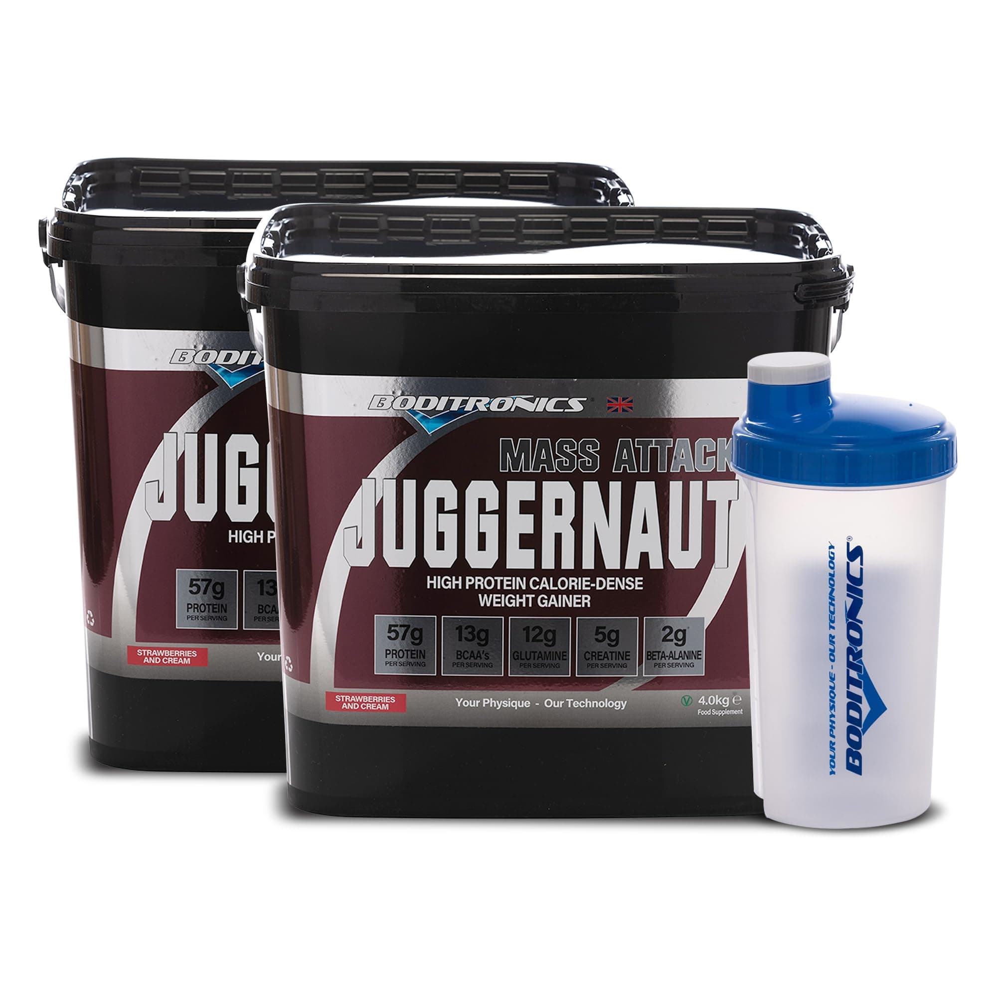 – Boditronics Mass Attack Juggernaut Powder with FREE Shaker Weight Gainer Powder, All In One Muscle Mass Gainer, High Protein Powder 5g Creatine, BCAA, Glutamine and Beta Alanine (Strawberries & Cream)