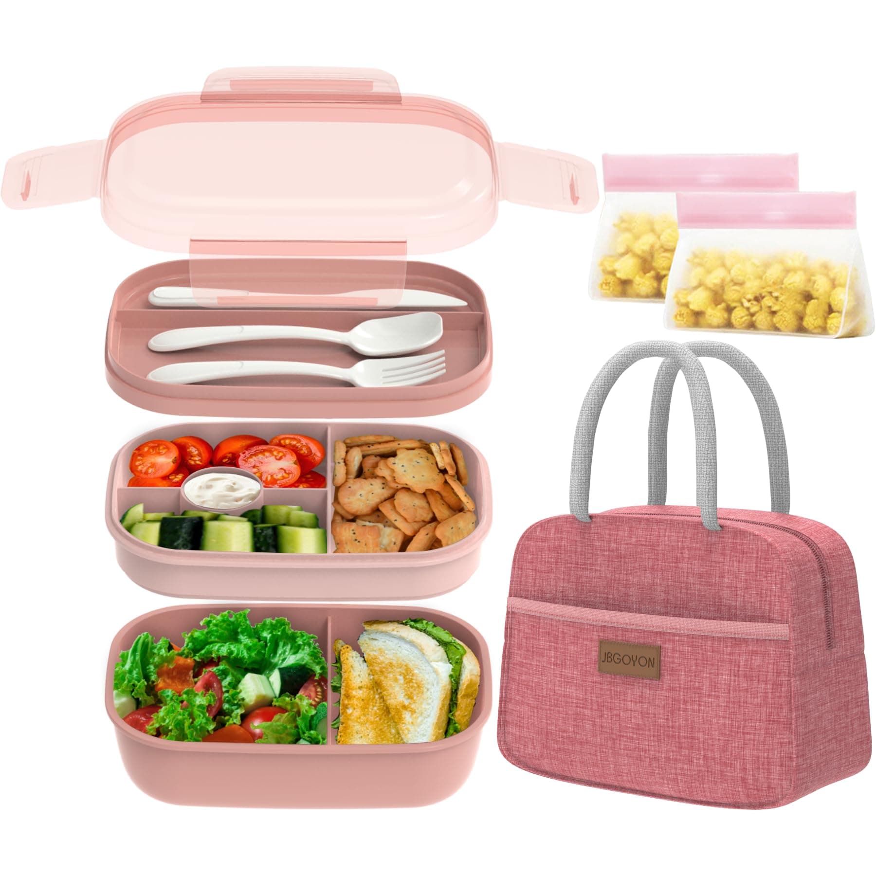 JBGOYON® Bento Lunch Box Set - 3 Stackable Containers for Adults and Kids,lunch box for women- Includes Lunch Bag, Leak-Proof and BPA-Free - Built-in Utensil Set - Dishwasher Safe (Pink)