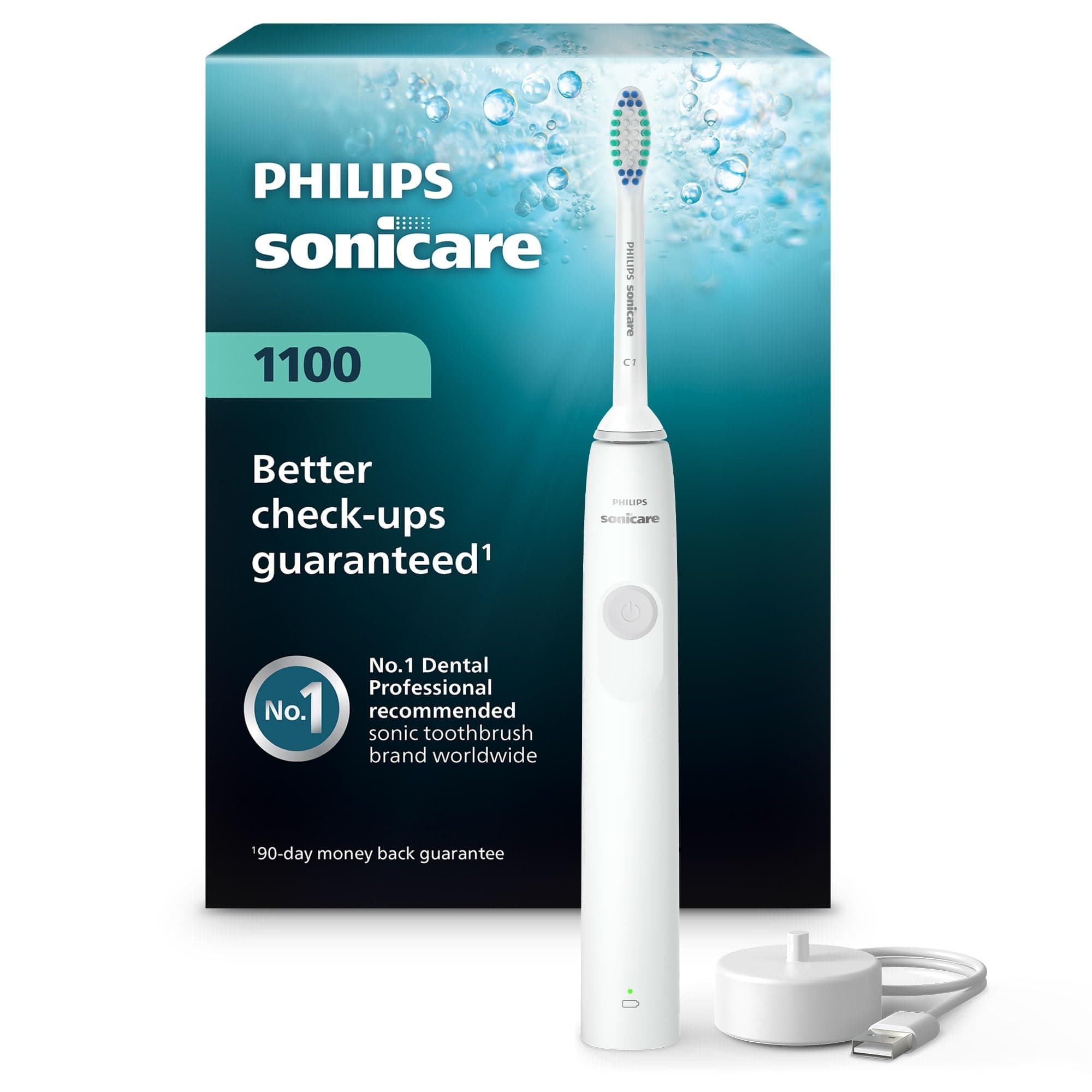 1100 Series Electric Toothbrush - Sonic Toothbrush with Advanced Sonic Technology, EasyStart, Smartimer & Quadpacer, White, Model HX3641/02
