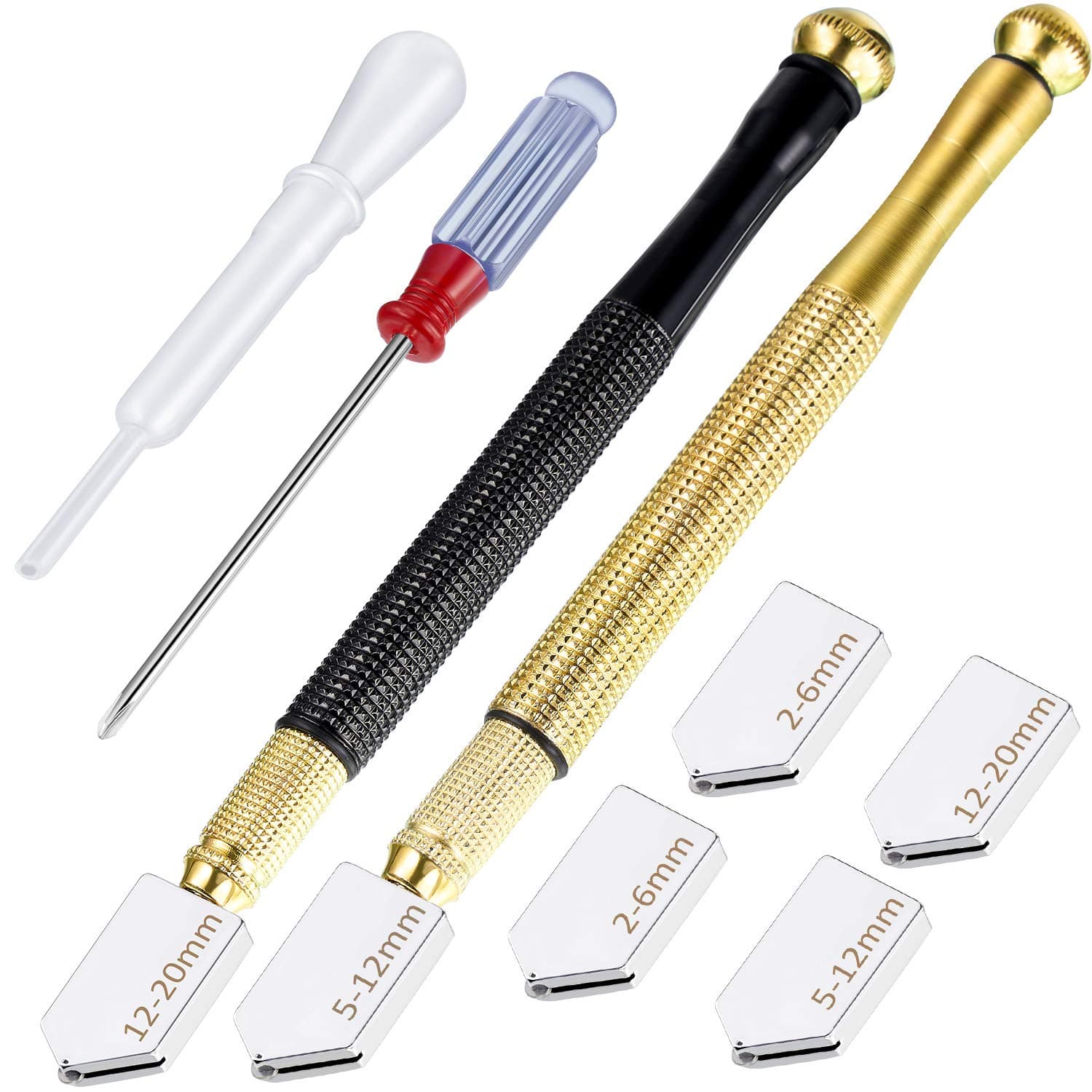 Glass Cutter Tool Mirror Cutter Tool with 2-6 mm, 5-12 mm, 12-20 mm Glass Cutting Head and Screwdriver Oil Drops Glove for Mirror Cutting Glass Tiles