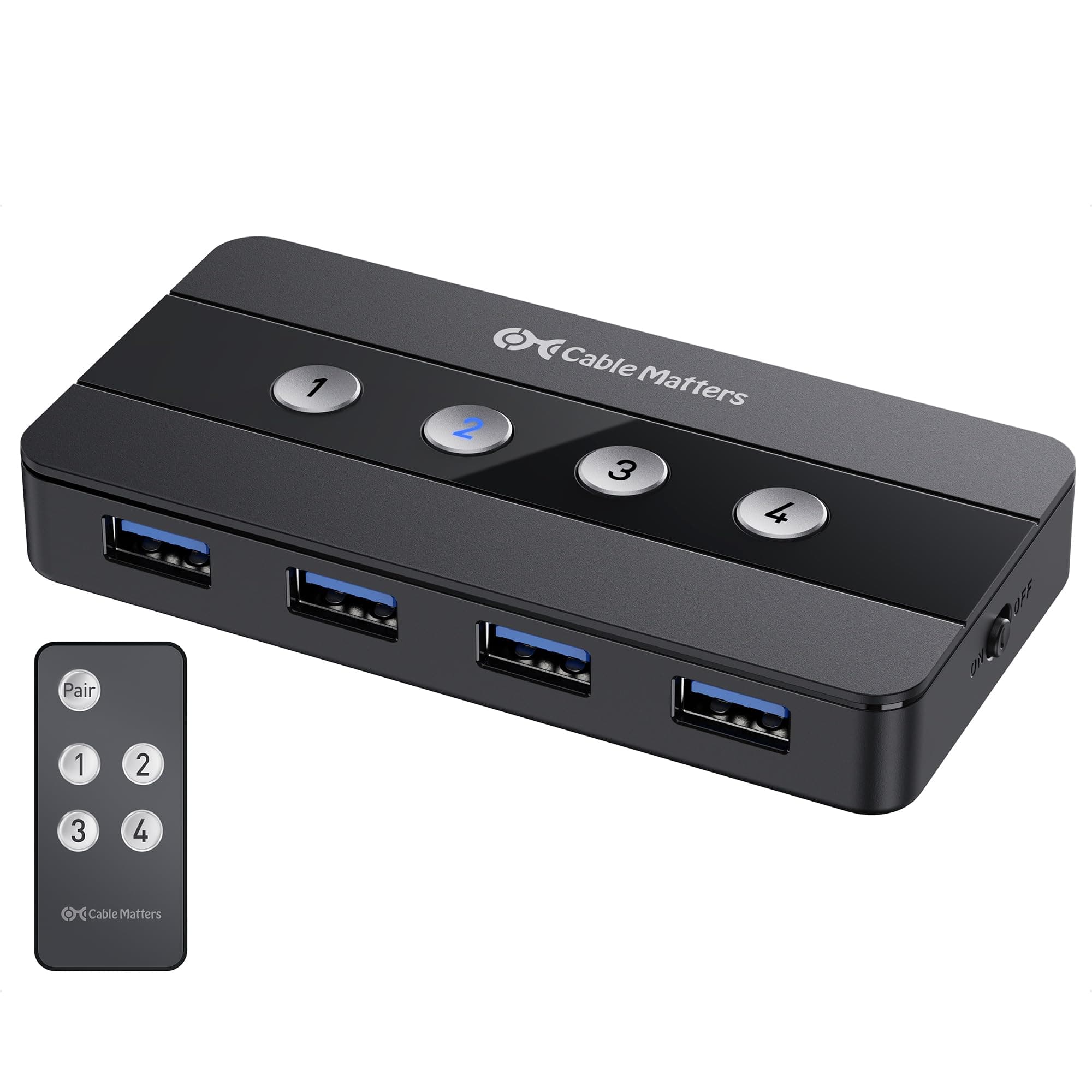 – Cable Matters 4 Port USB 3.0 Switch Hub/KVM Switch, USB Switcher for 4 Computers and USB Peripherals - Button or Wireless Remote Control Swapping - Includes USB-C Adapter for USB-C and Thunderbolt 3