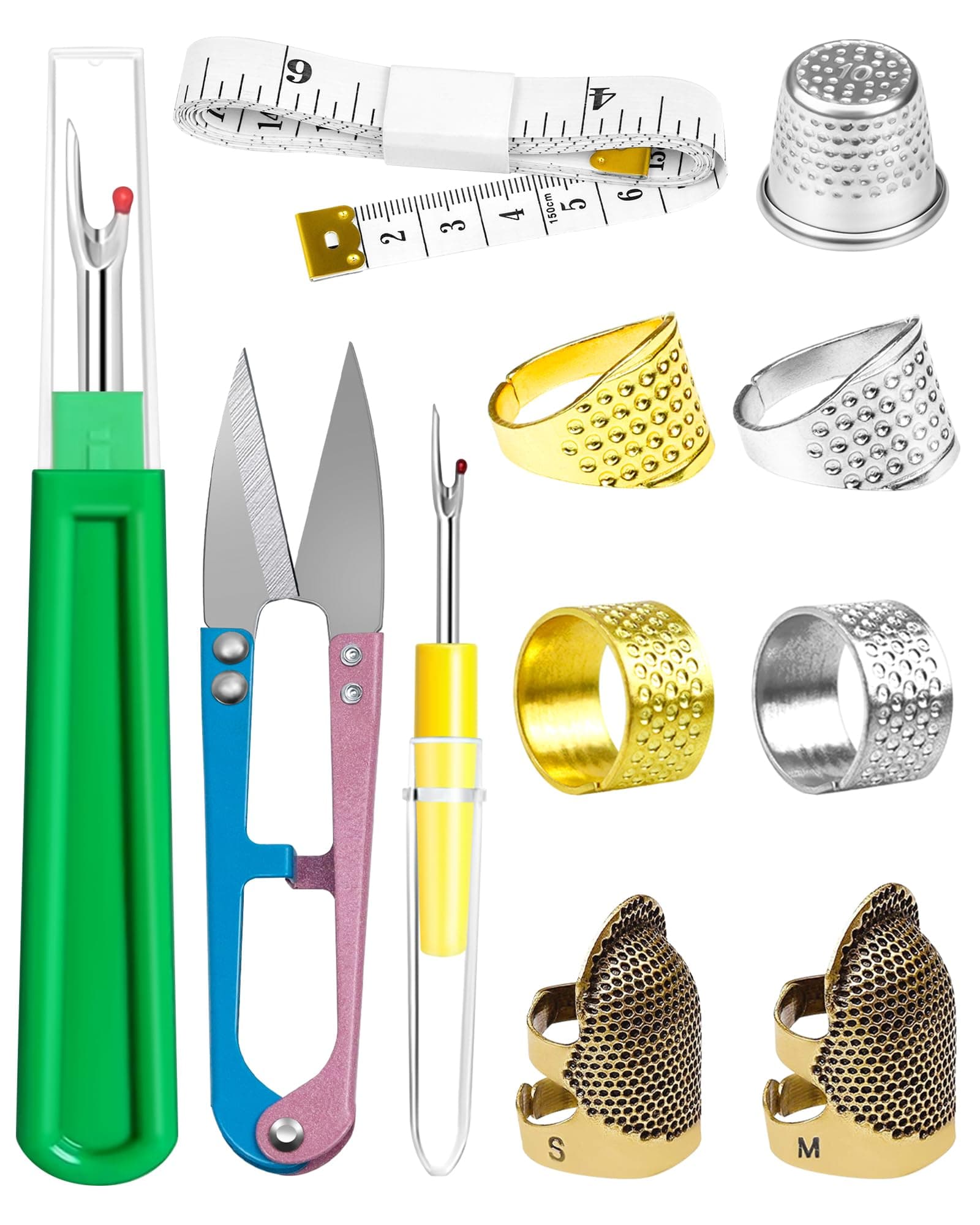FIVEIZERO Thimble Set - Includes Thimbles, Seam Ripper, Thread Snips and Measuring Tape for Hand Embroidery and Crafting Projects