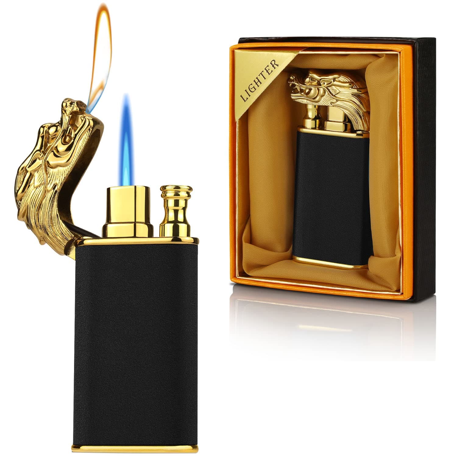Magic Dual Flame Dragon Torch Lighter - Windproof Butane Refillable, Switchable Jet/Soft Flame (Black, Gas Not Included)