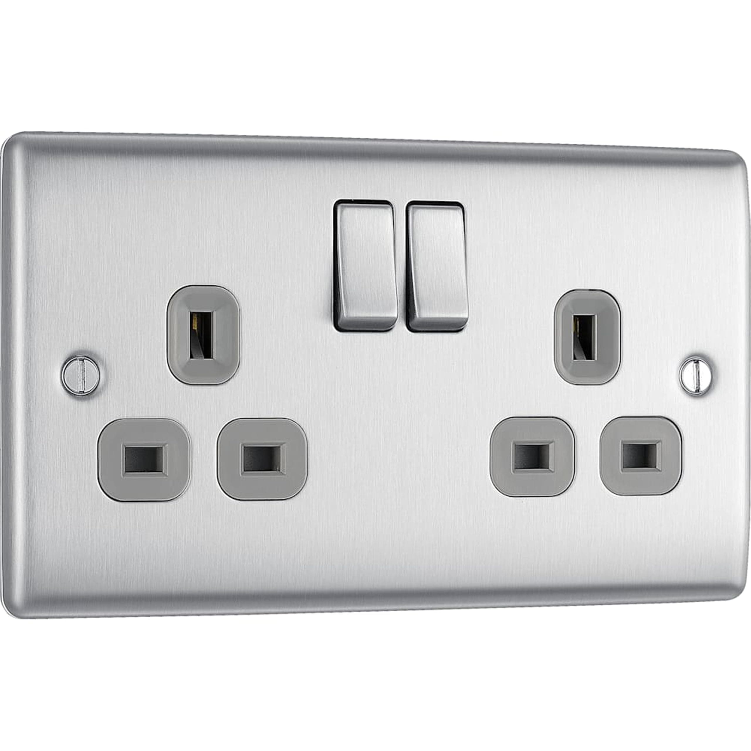 BG Electrical Double Switched Socket in Brushed Steel with Grey Inserts