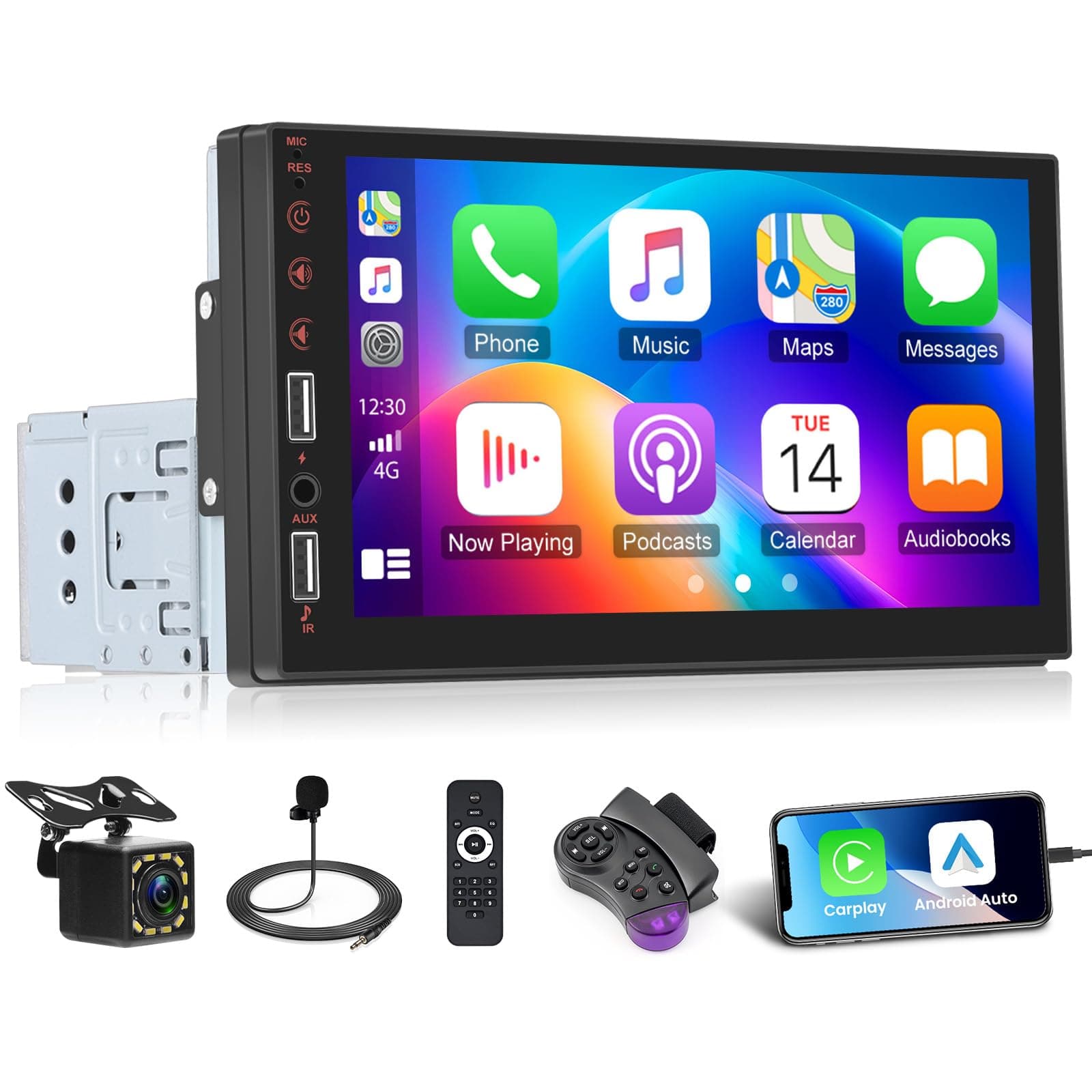 – 7 Inch Single Din Car Stereo Wireless CarPlay Android Auto, Single Din Touch Screen Radio Bluetooth Mirror Link FM Radio 1Din Dual USB AUX Steering Wheel Control & Backup Camera